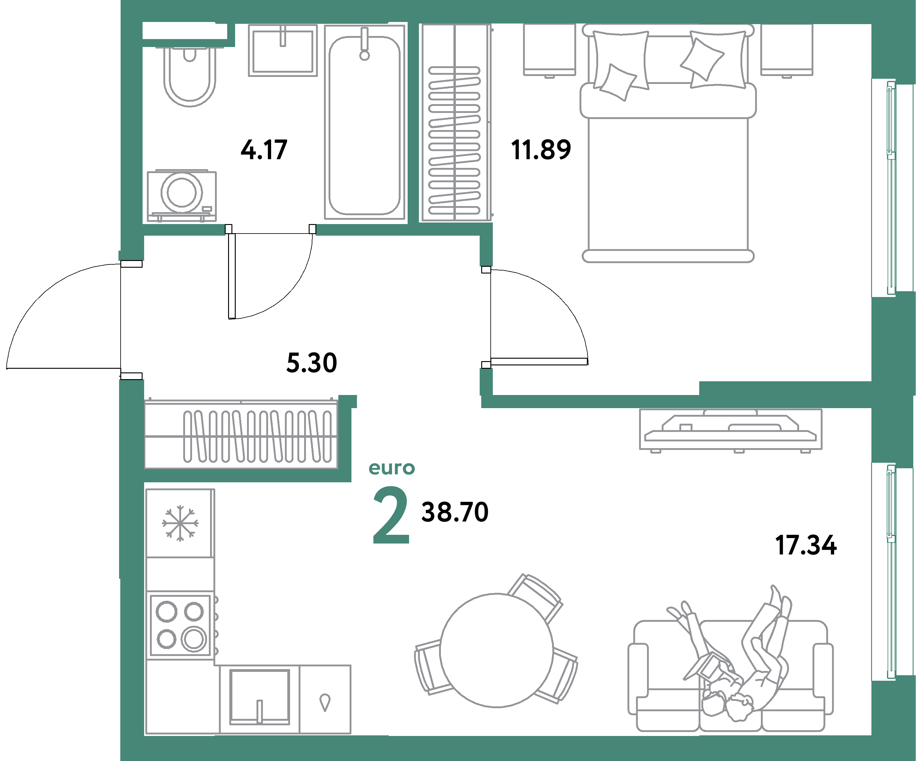 ЖК "Остров-сад"-2-комнатная 38.7 м²