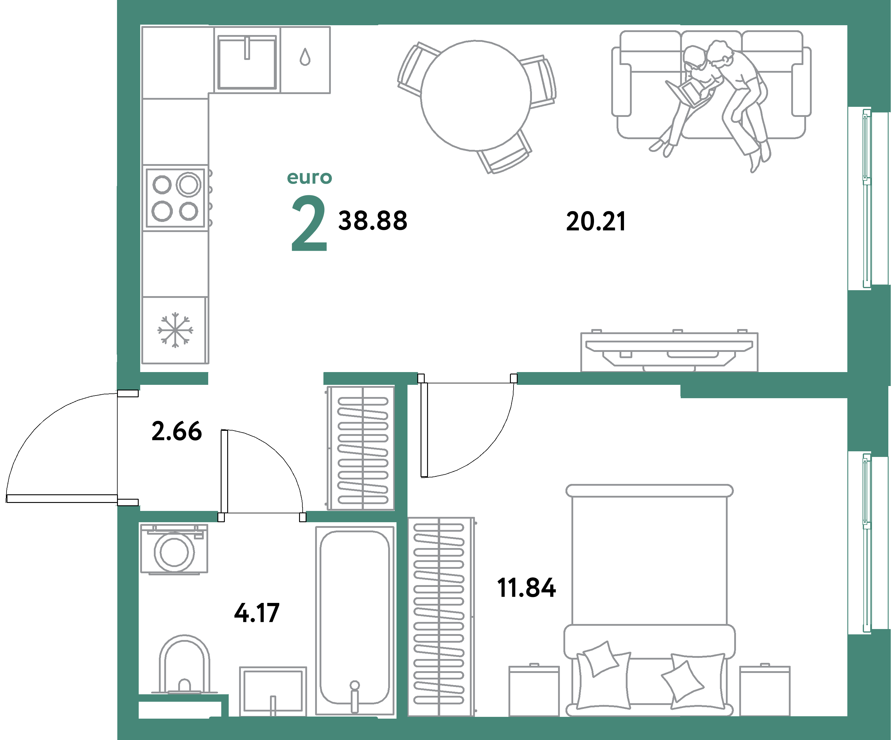 ЖК "Остров-сад"-2-комнатная 38.88 м²