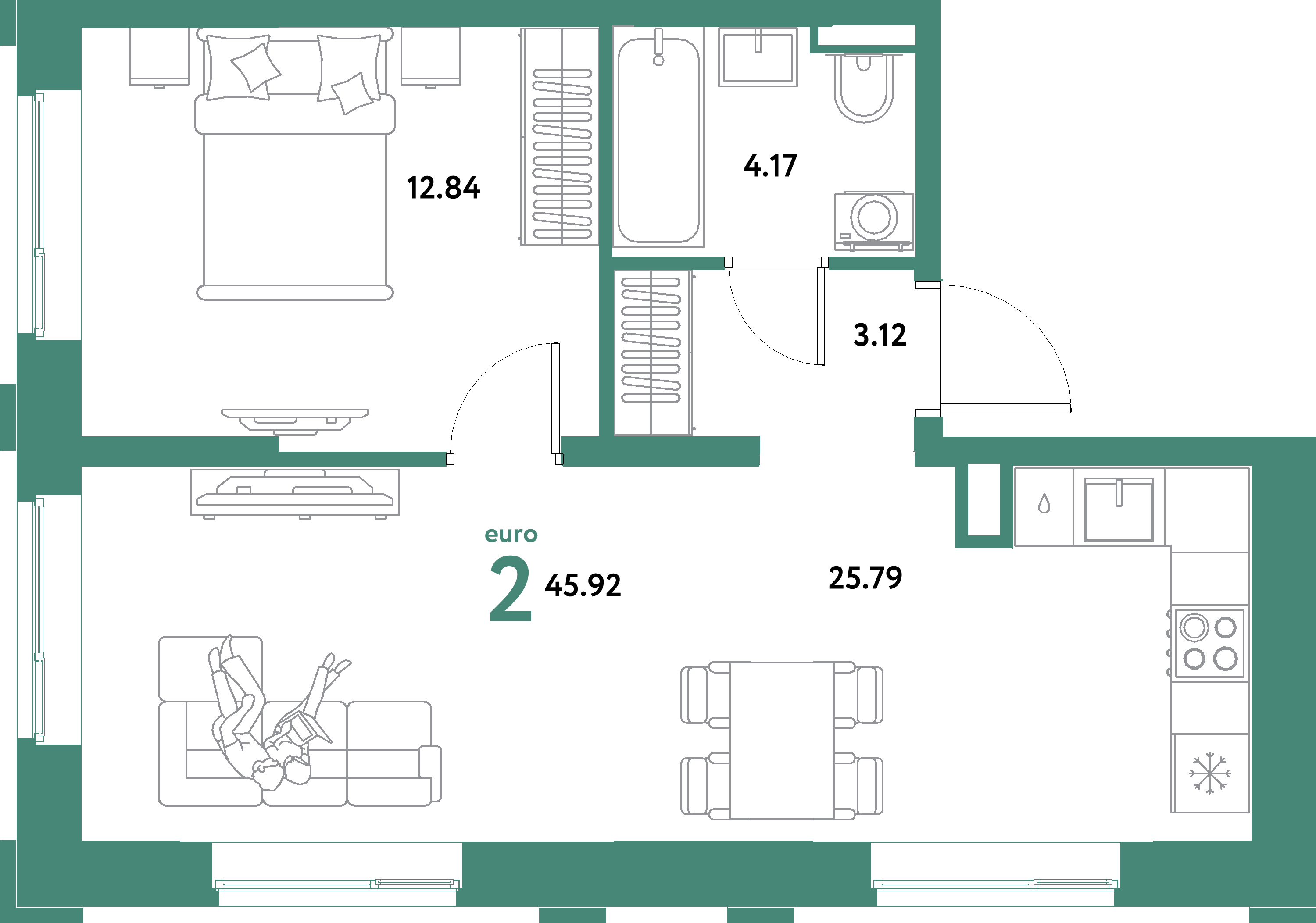 ЖК "Остров-сад"-2-комнатная 45.92 м²