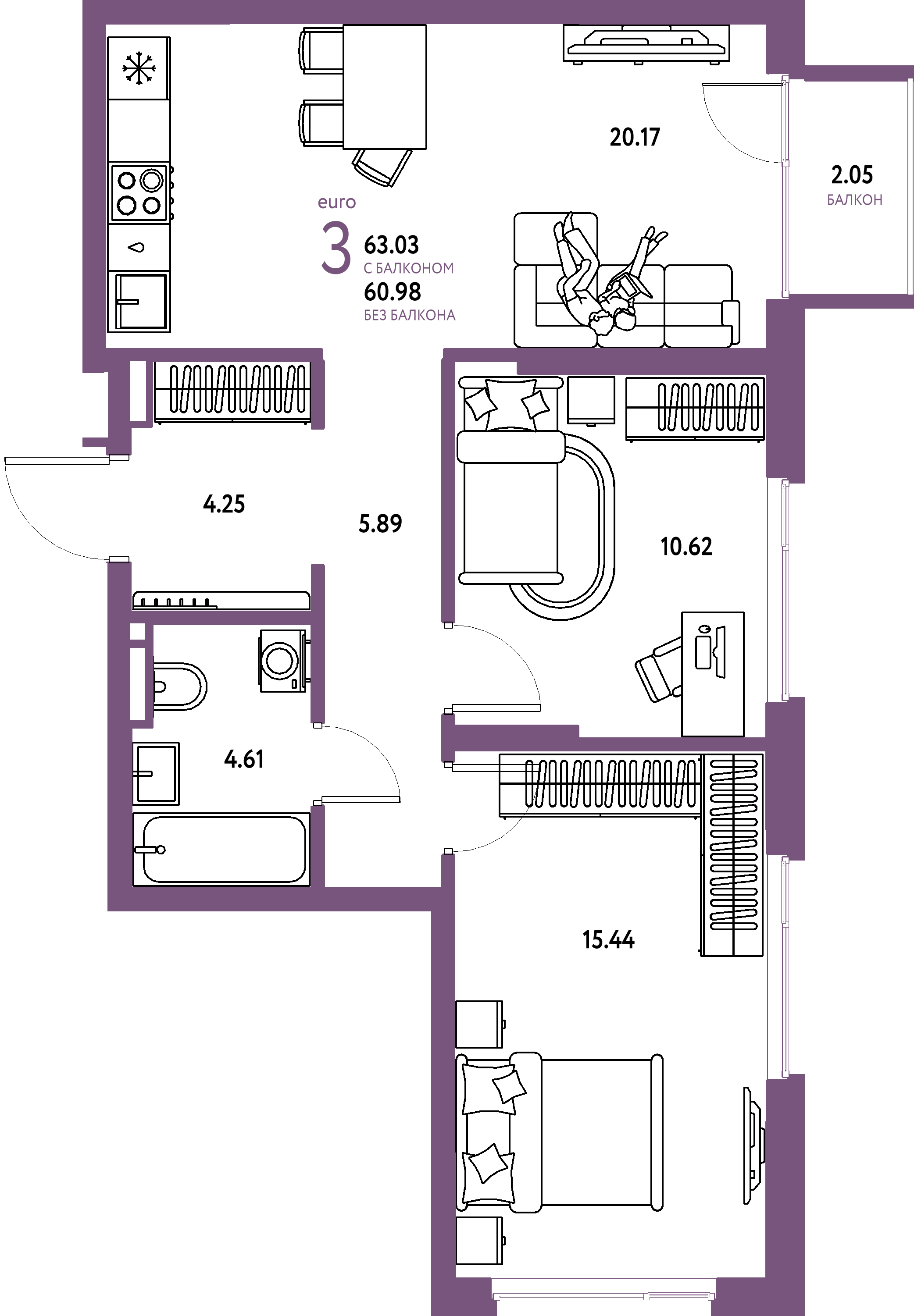 ЖК "Страна.Прибрежная"-3-комнатная 63.03 м²