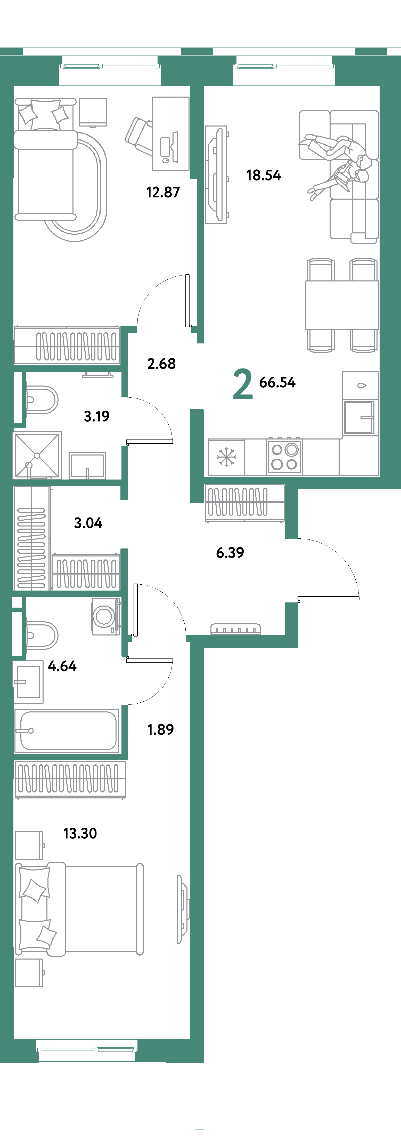 ЖК "Остров-сад"-2-комнатная 66.54 м²