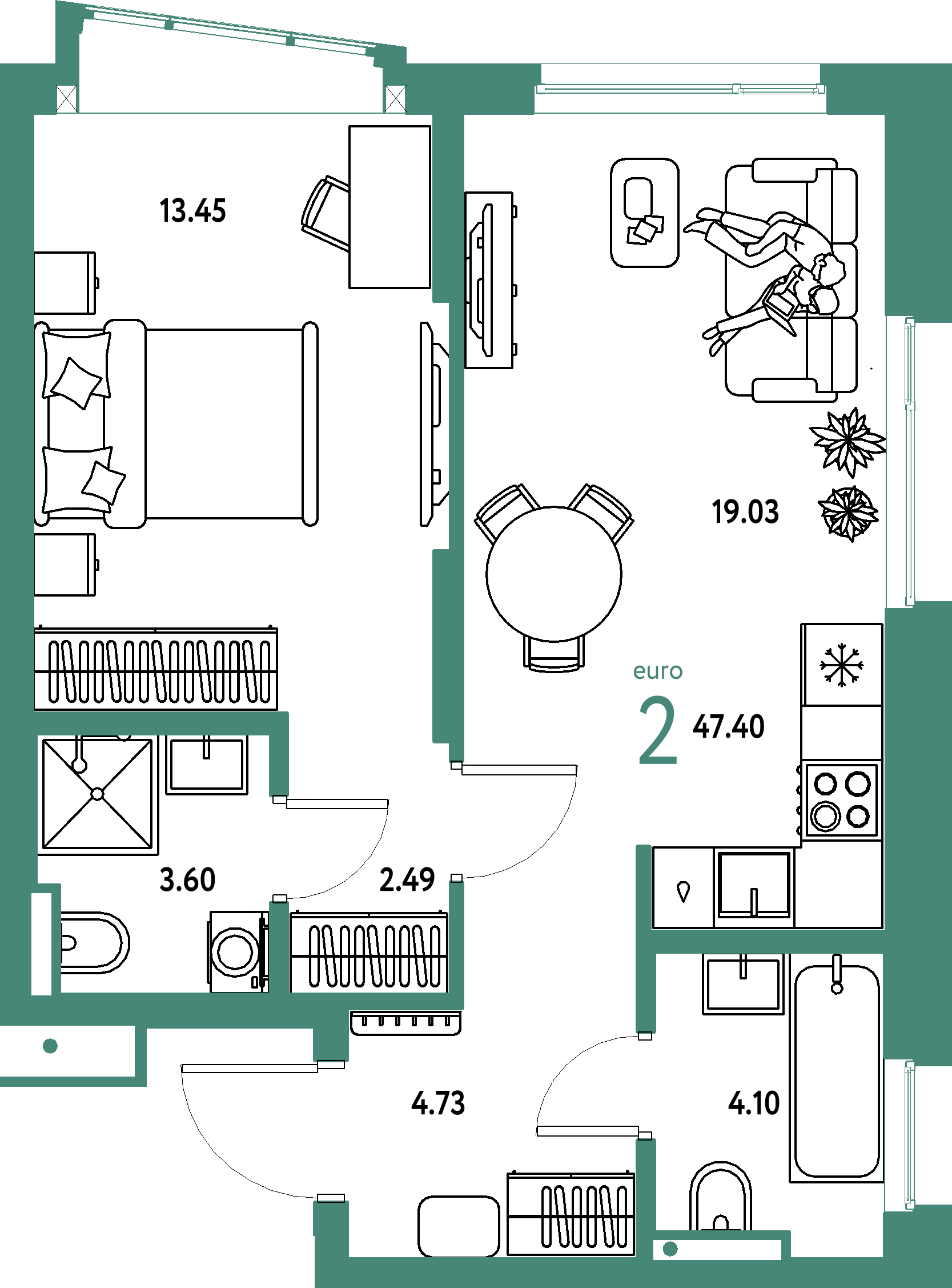 ЖК "Страна.Парковая"-2-комнатная 47.4 м²