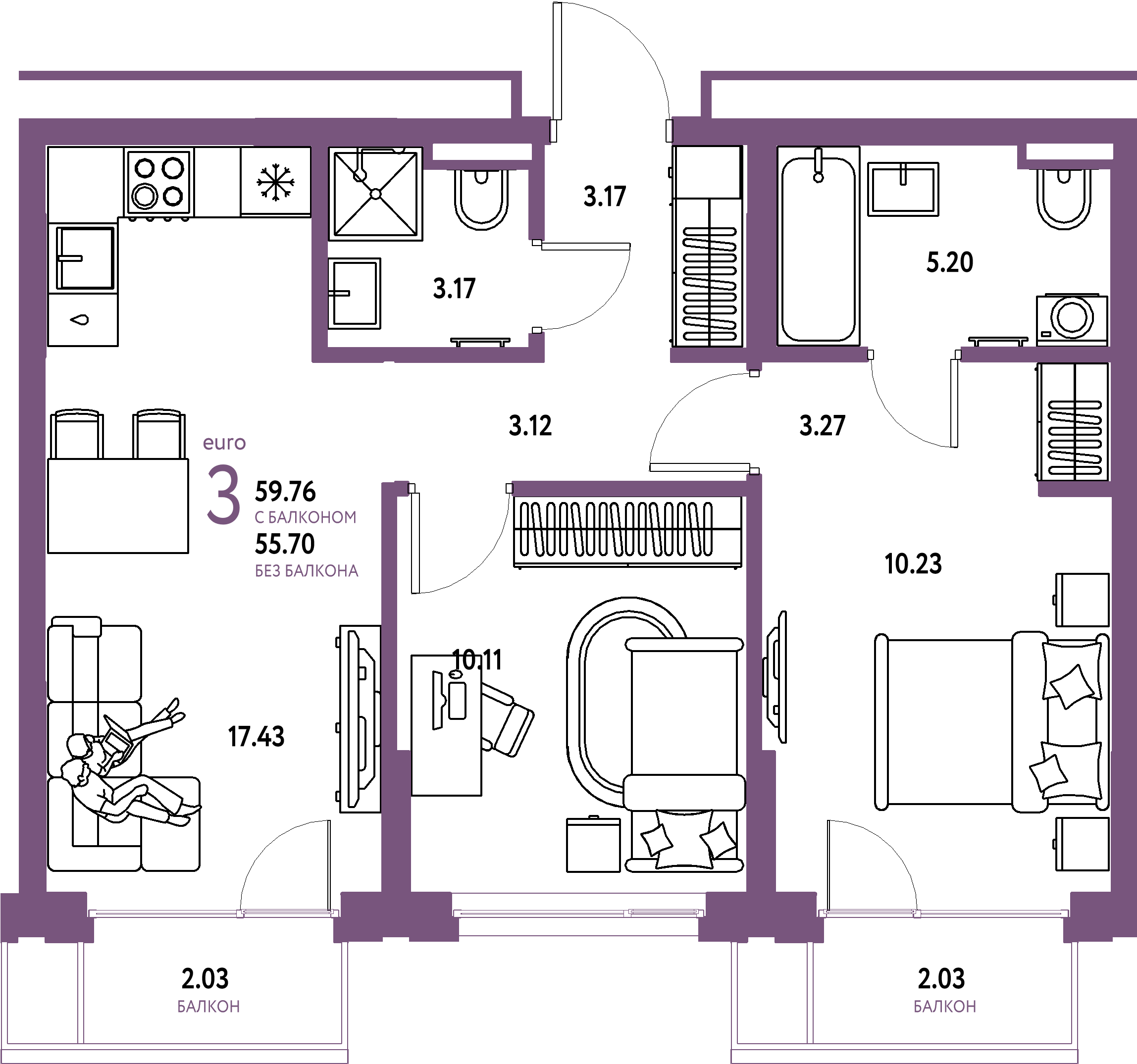 ЖК "Страна.Прибрежная"-3-комнатная 59.76 м²