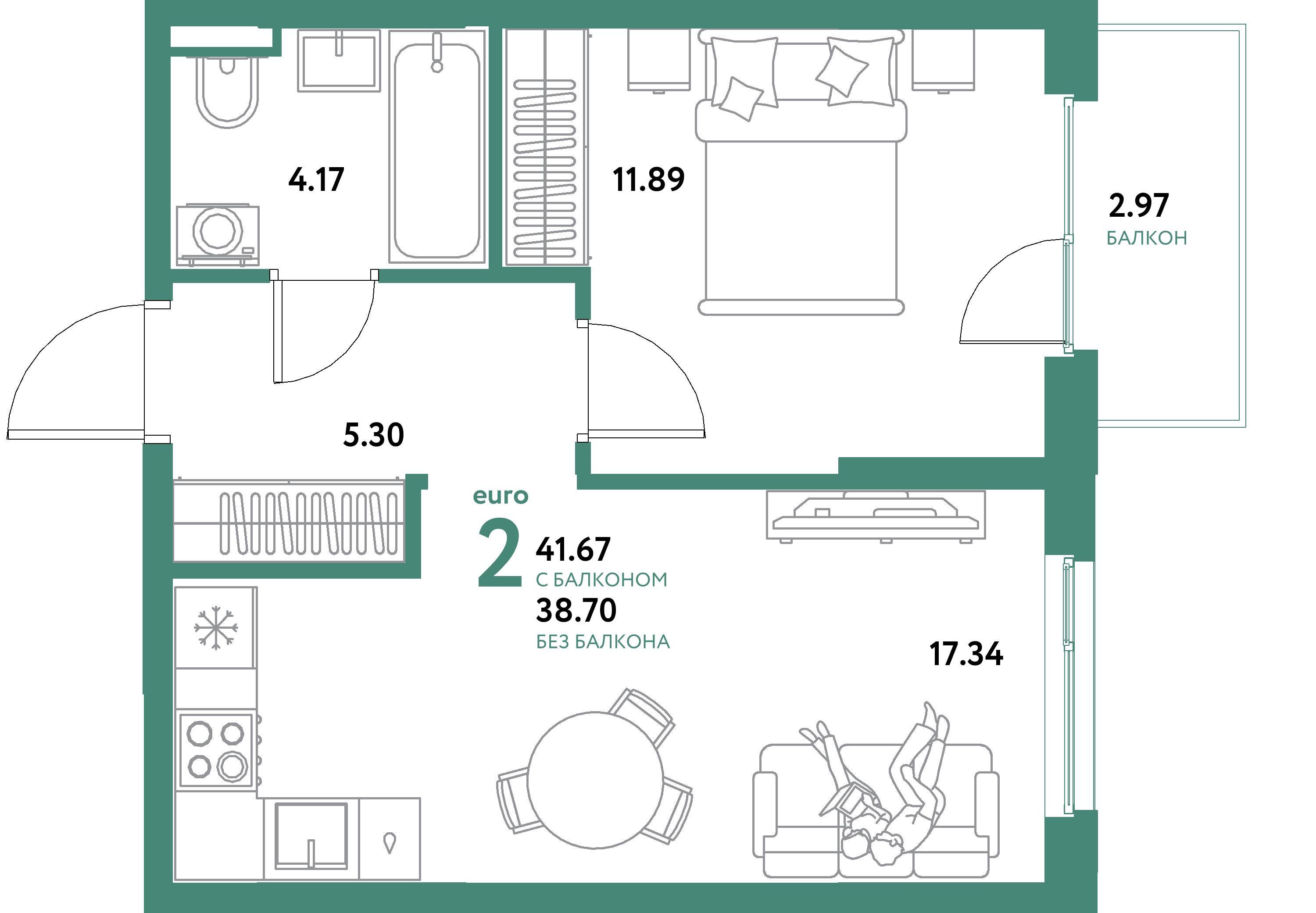 ЖК "Остров-сад"-2-комнатная 41.67 м²