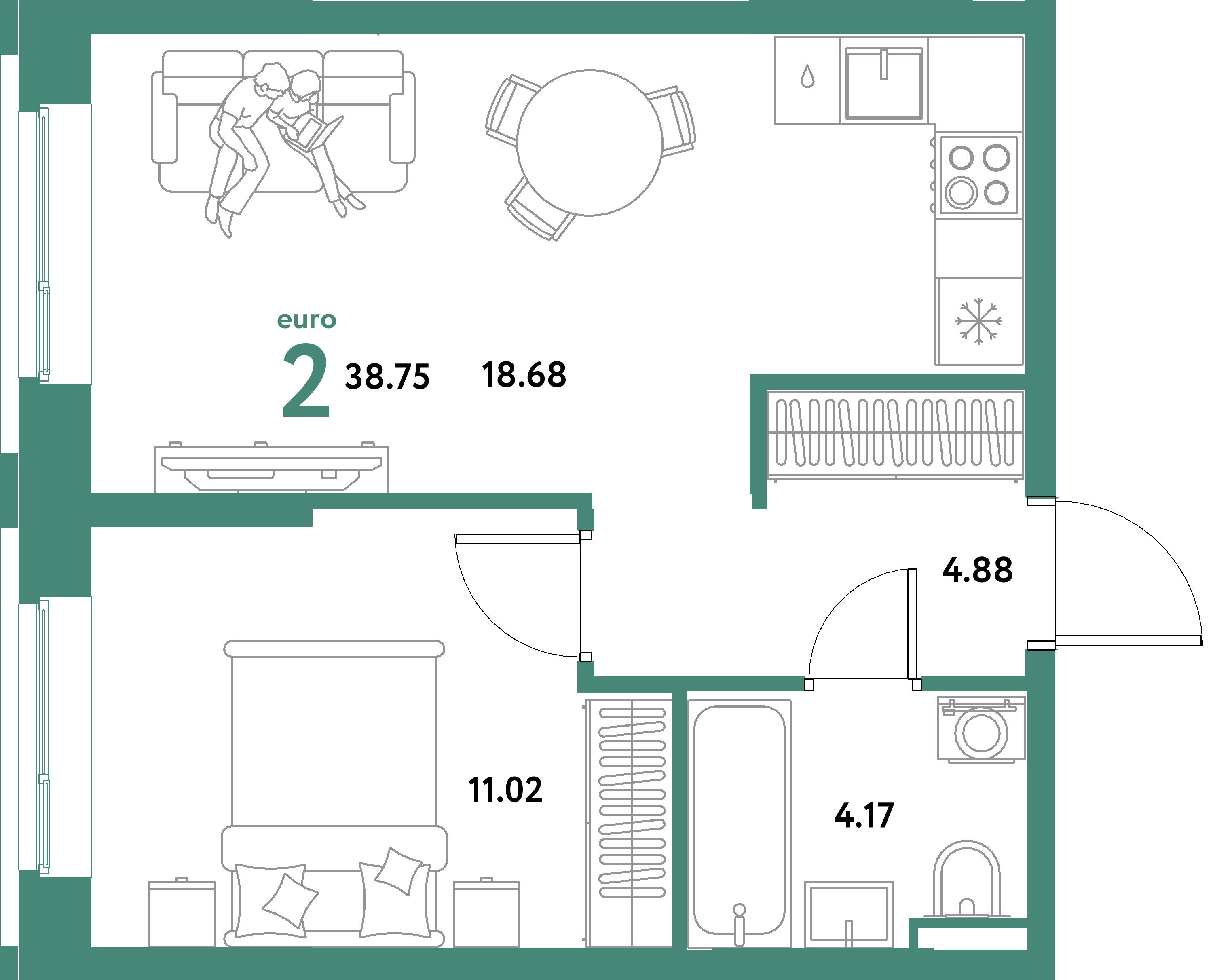 ЖК "Остров-сад"-2-комнатная 38.75 м²