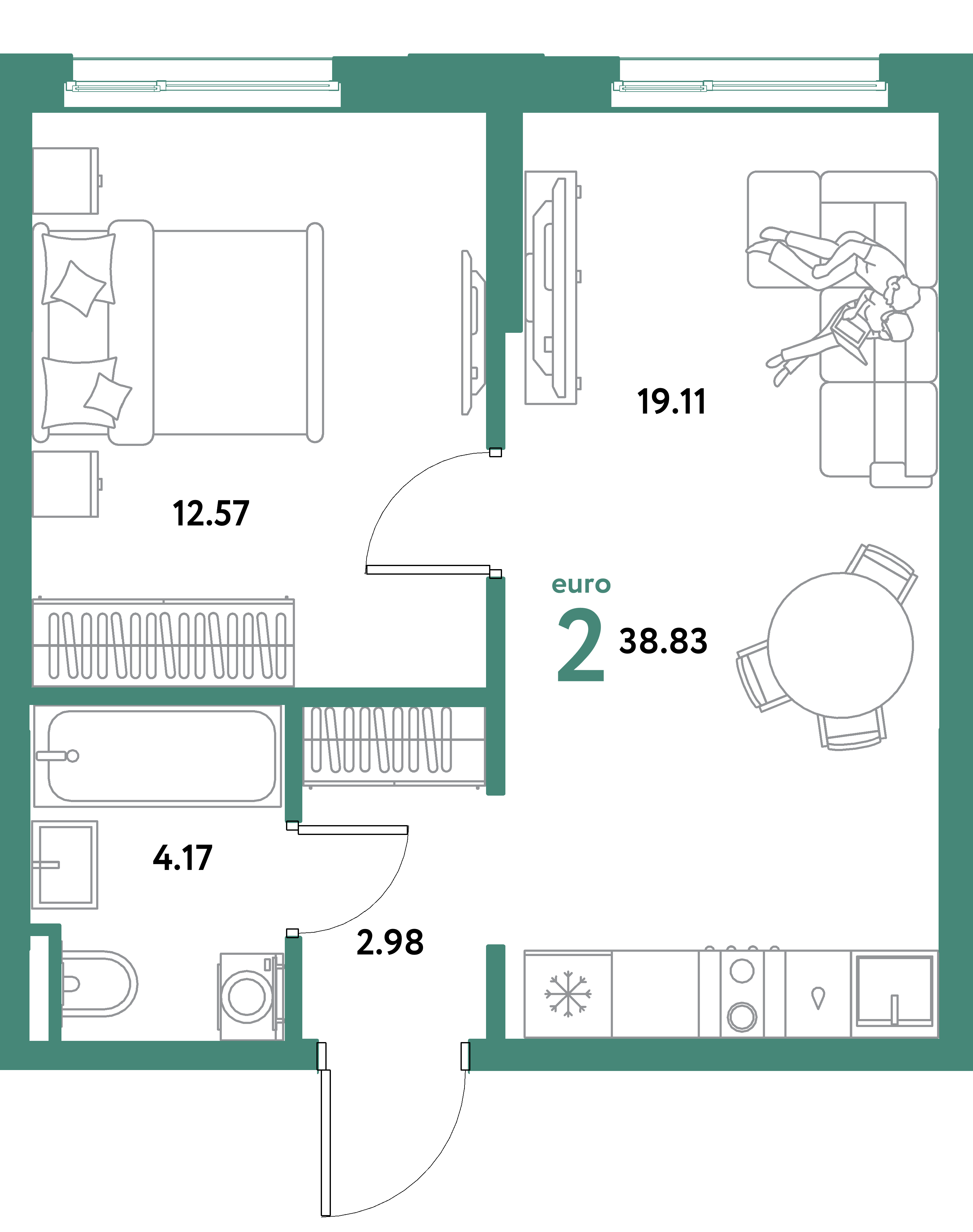 ЖК "Остров-сад"-2-комнатная 38.83 м²