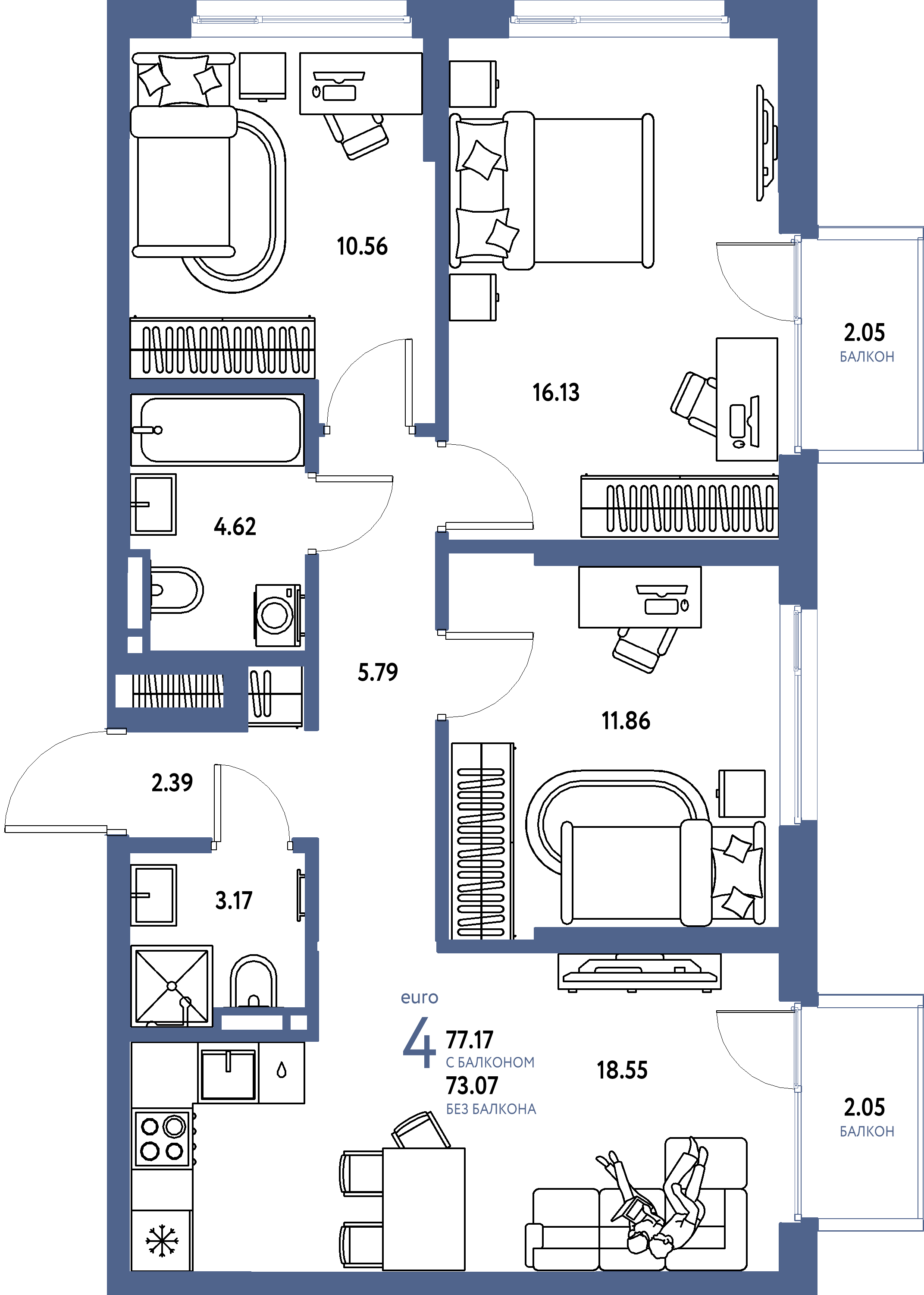 ЖК "Страна.Прибрежная"-4-комнатная 77.17 м²