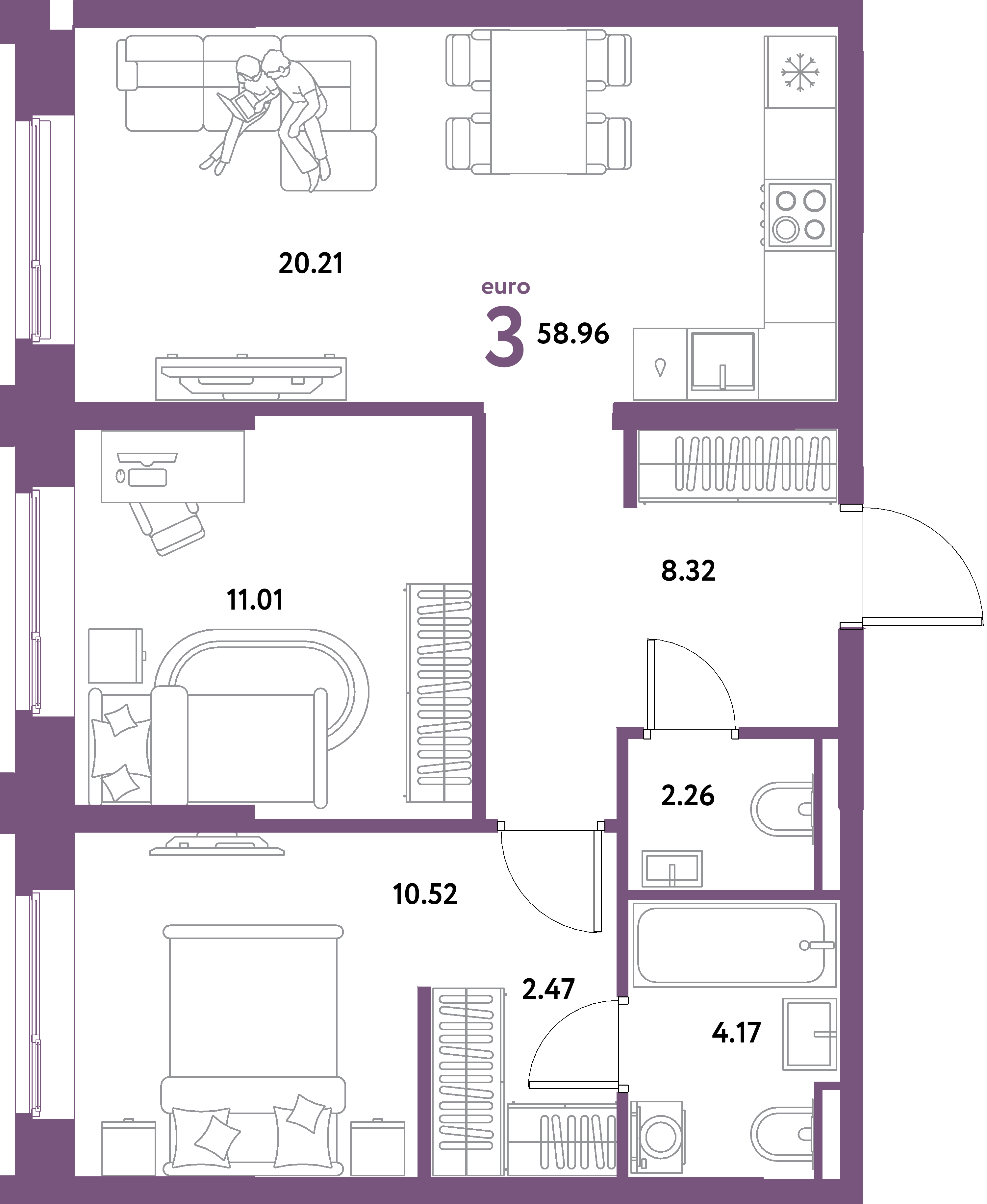 ЖК "Остров-сад"-3-комнатная 58.96 м²