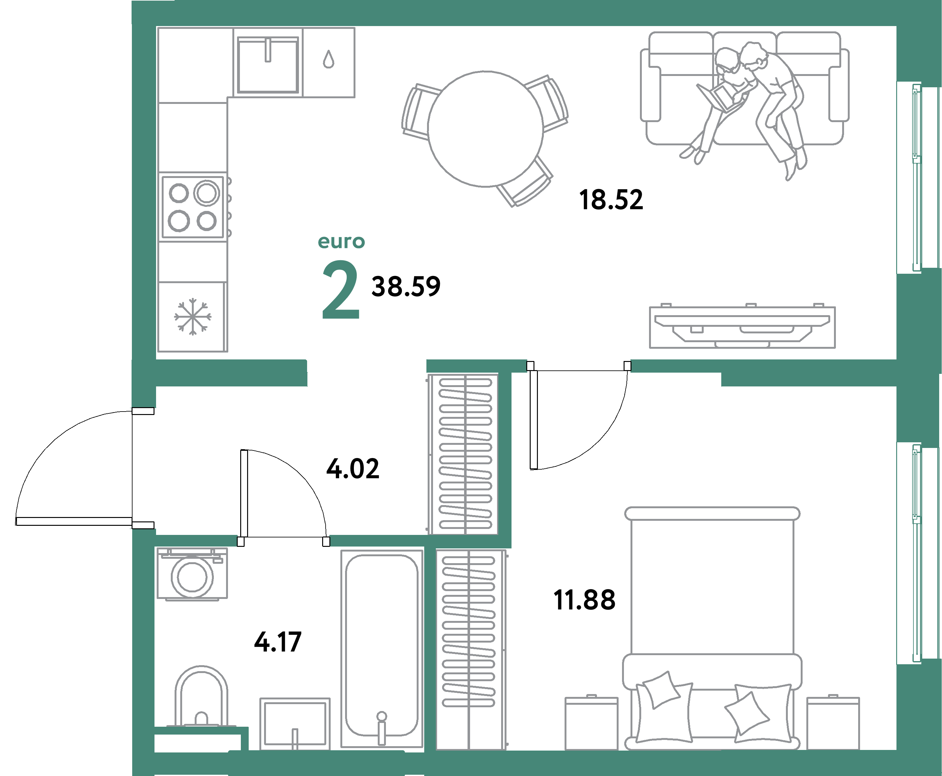 ЖК "Остров-сад"-2-комнатная 38.59 м²