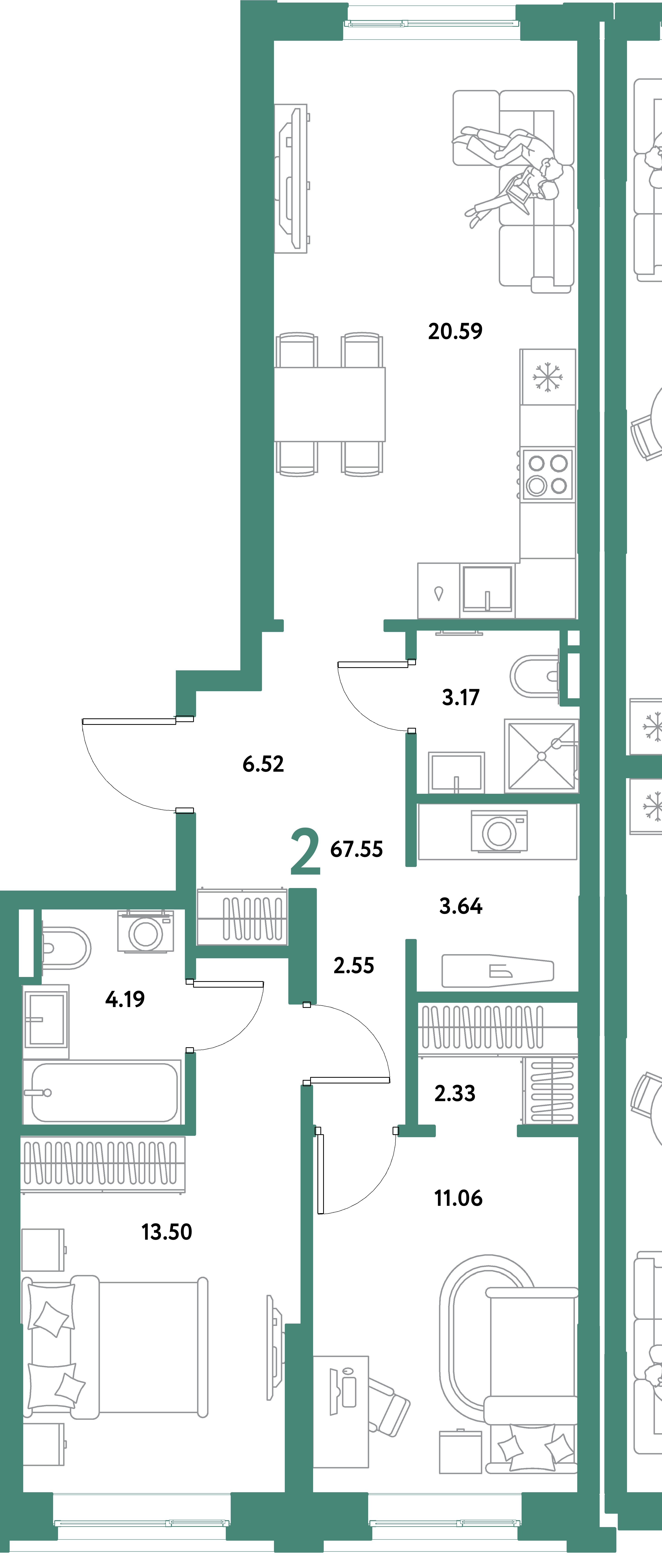 ЖК "Остров-сад"-2-комнатная 67.55 м²
