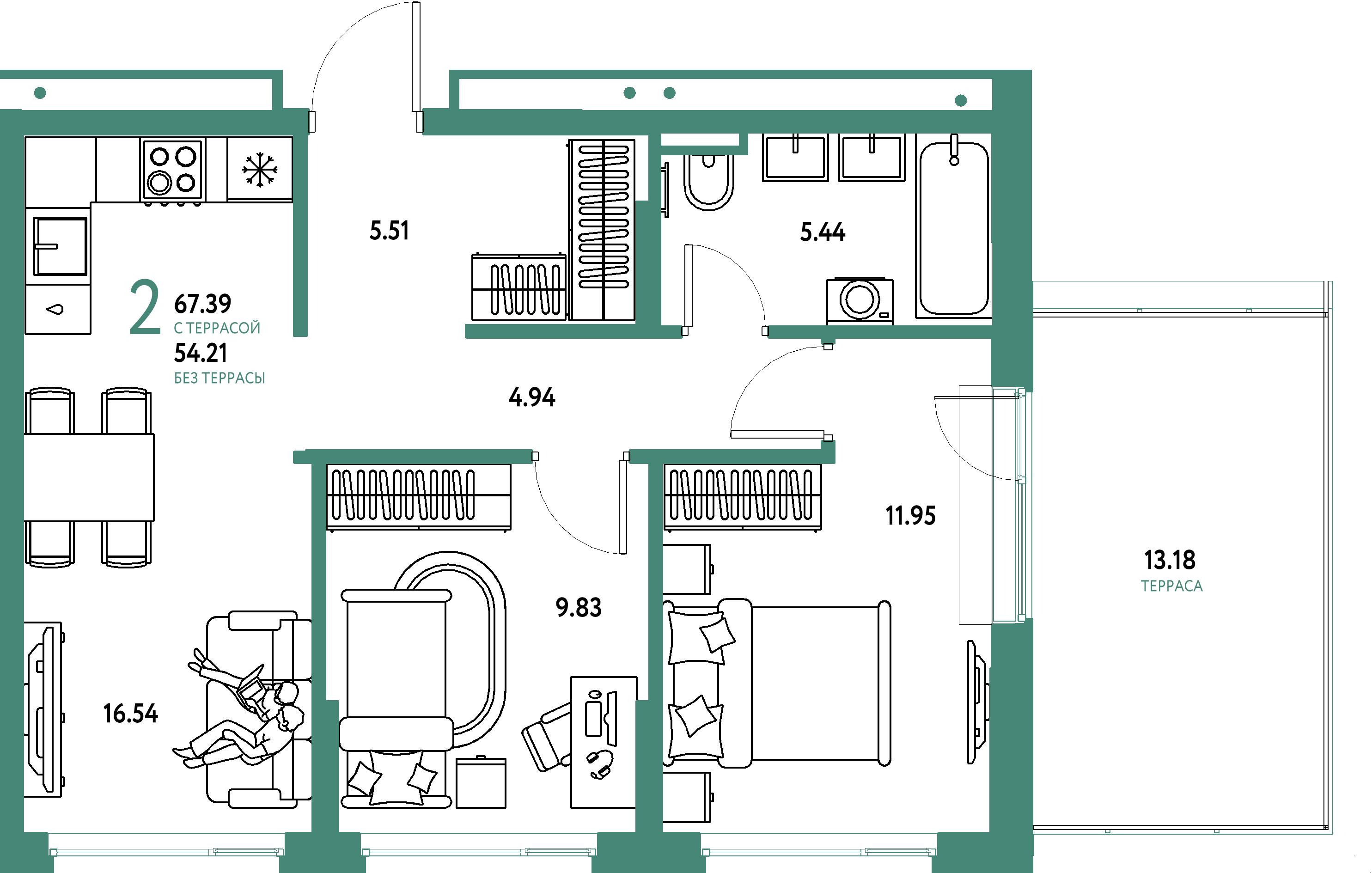ЖК "Страна.Прибрежная"-2-комнатная 67.39 м²