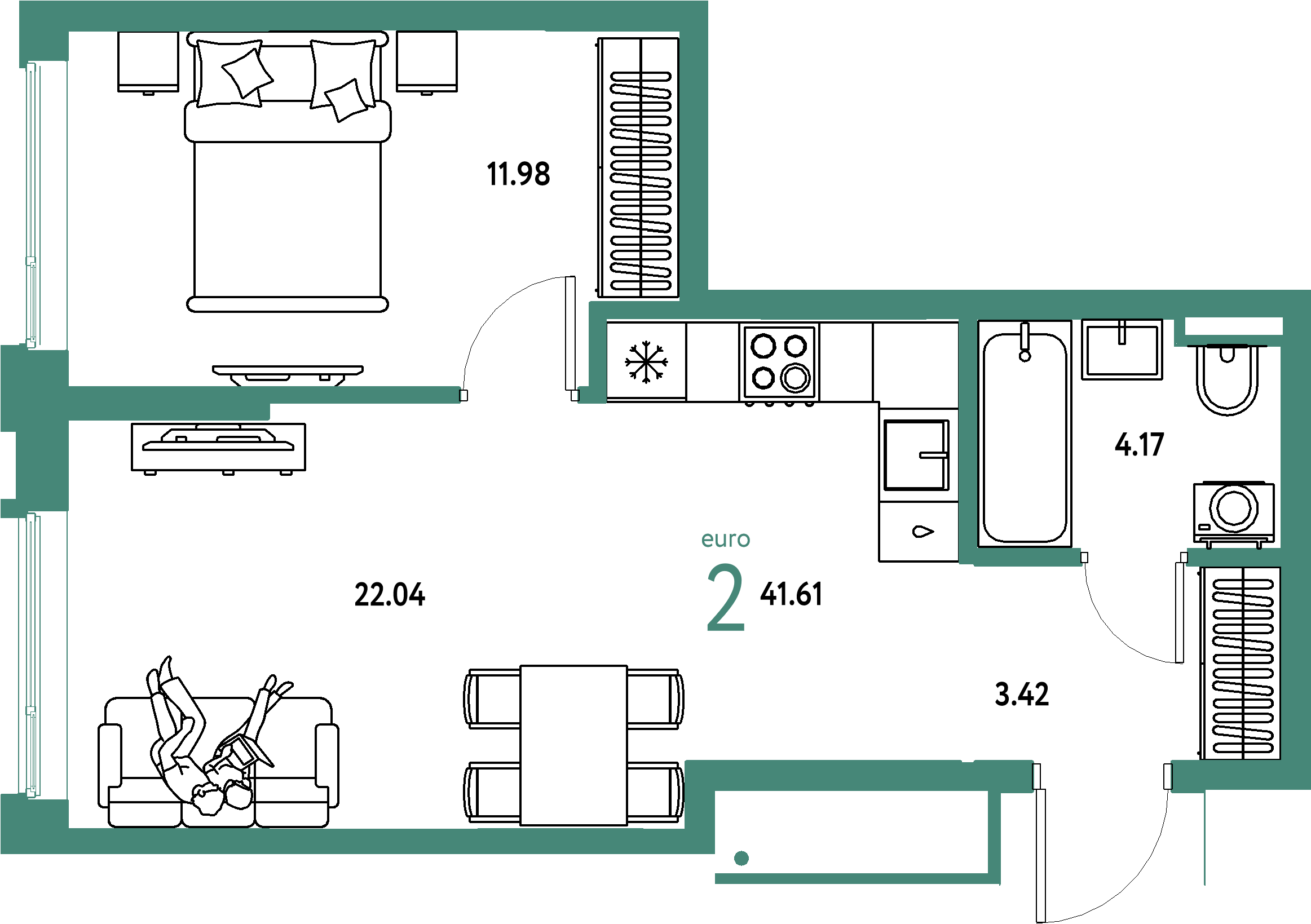 ЖК "Страна.Прибрежная"-2-комнатная 41.61 м²