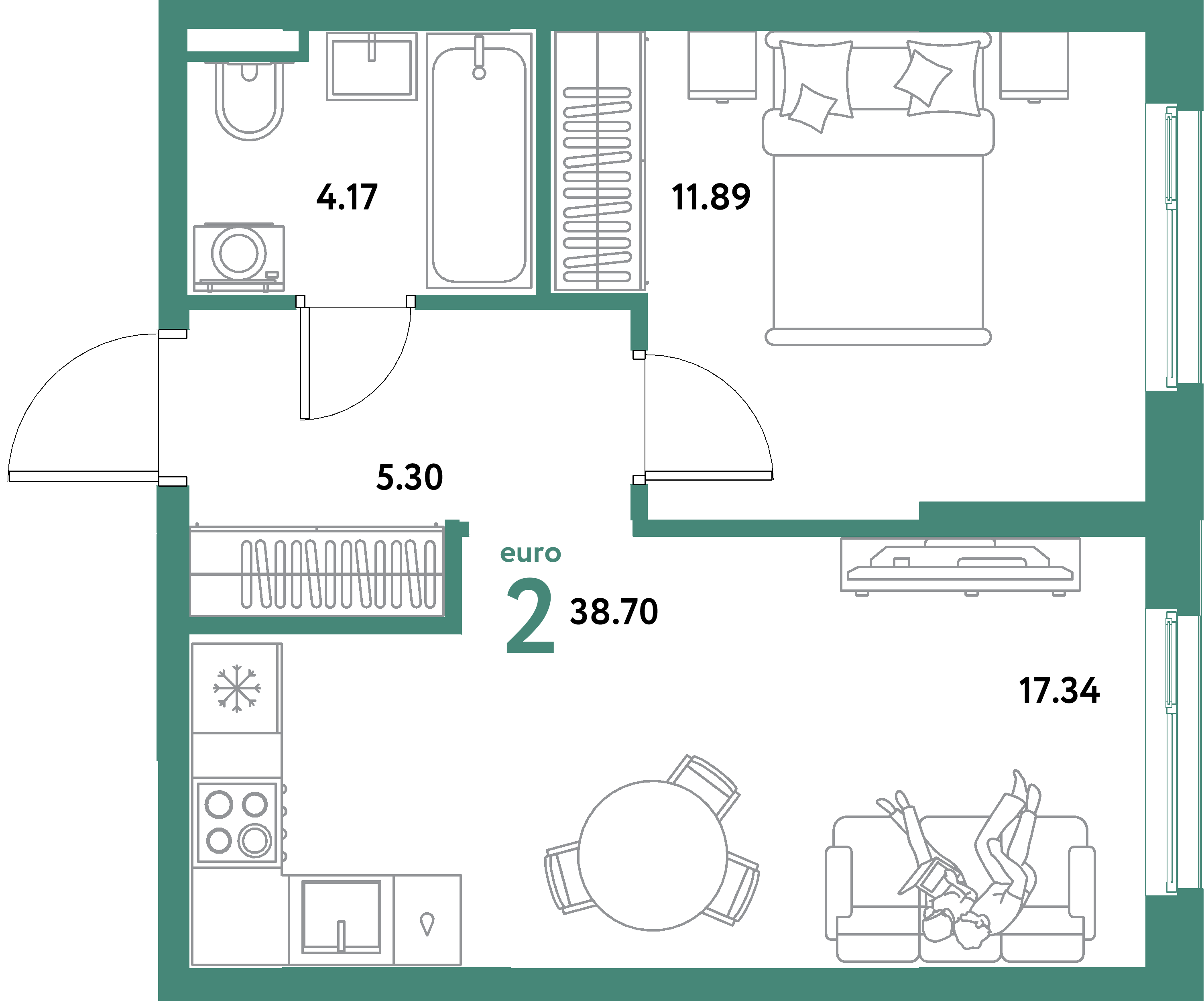 ЖК "Остров-сад"-2-комнатная 38.7 м²