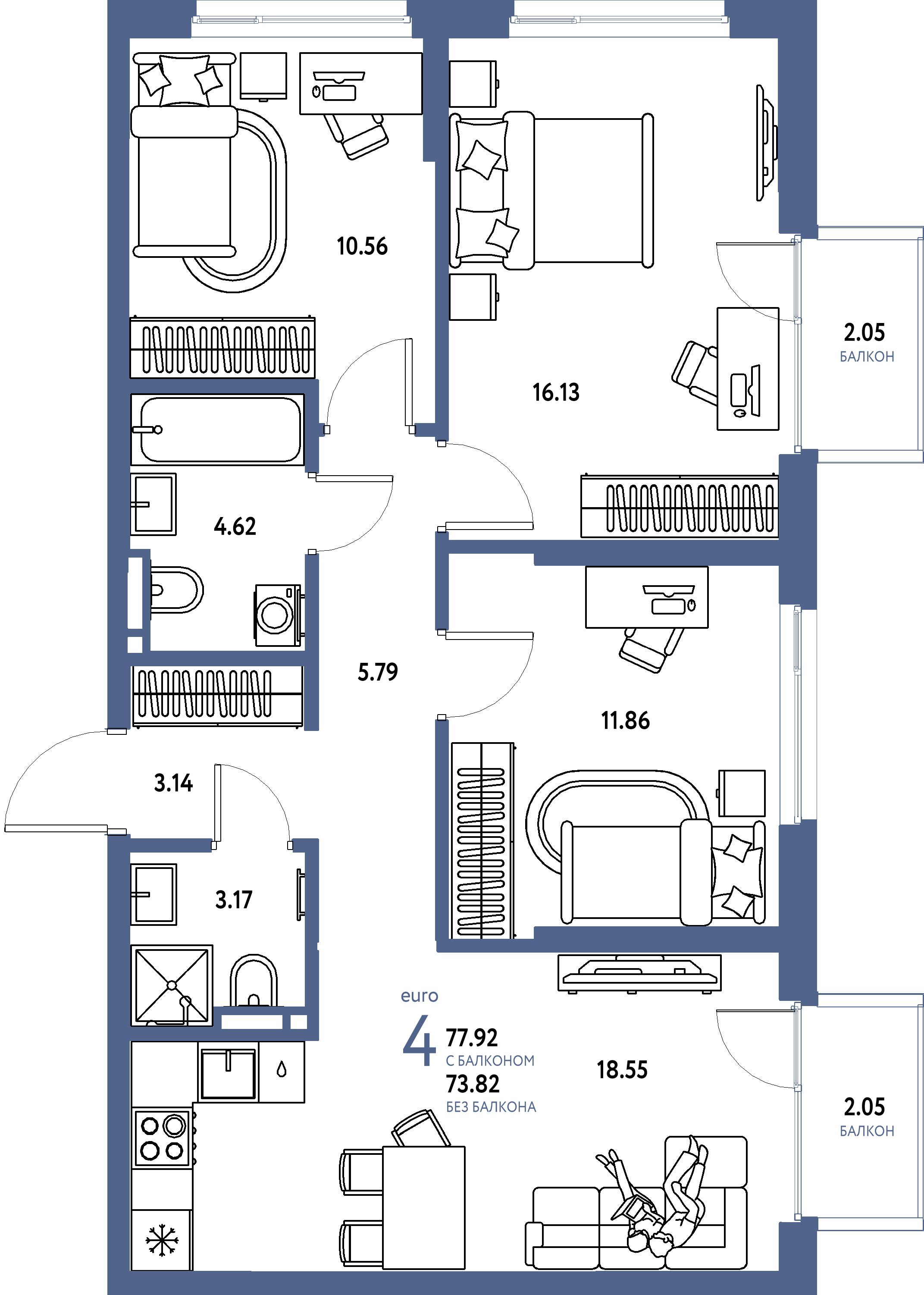 ЖК "Страна.Прибрежная"-4-комнатная 77.92 м²
