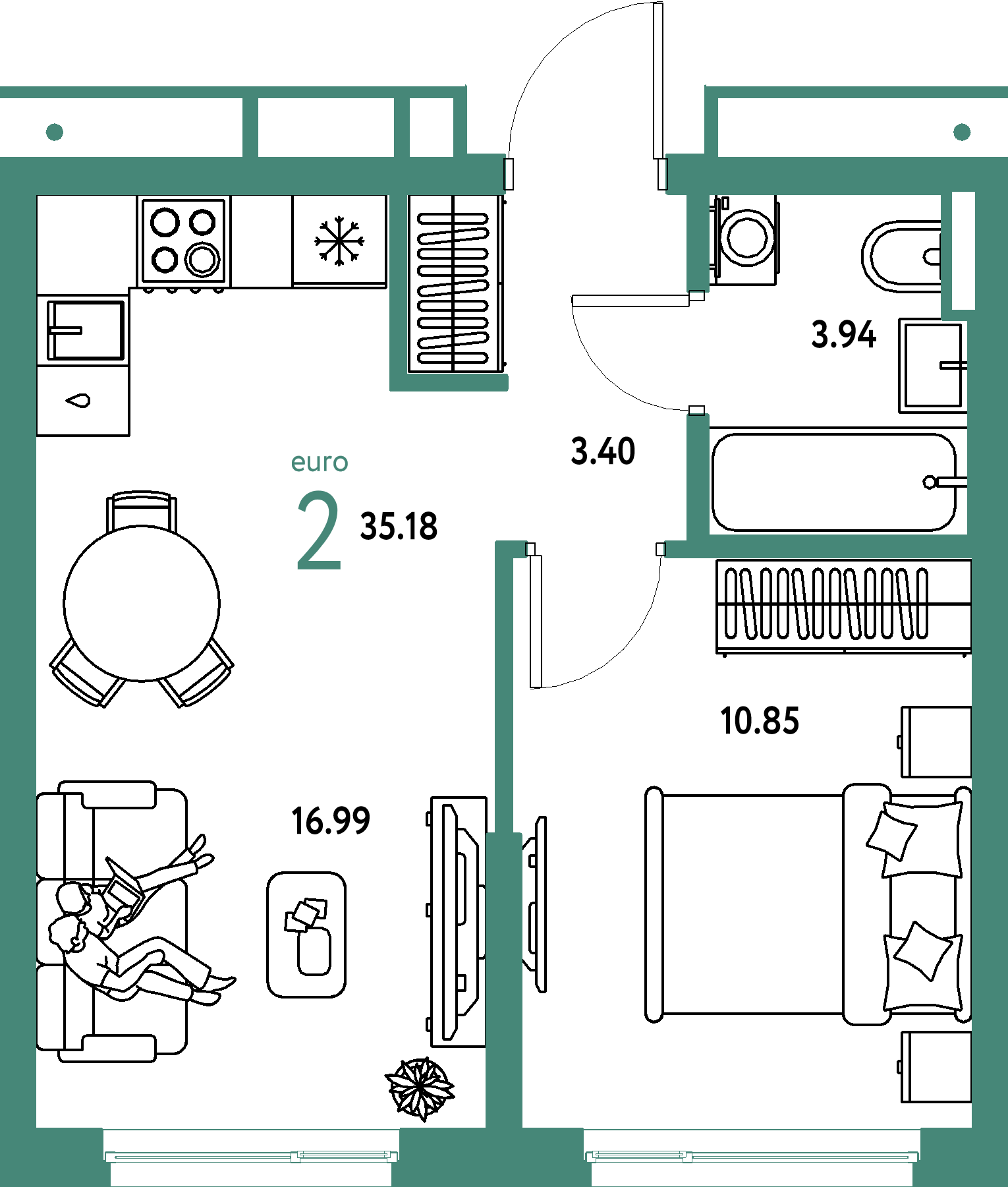 ЖК "Страна.Парковая"-2-комнатная 35.18 м²