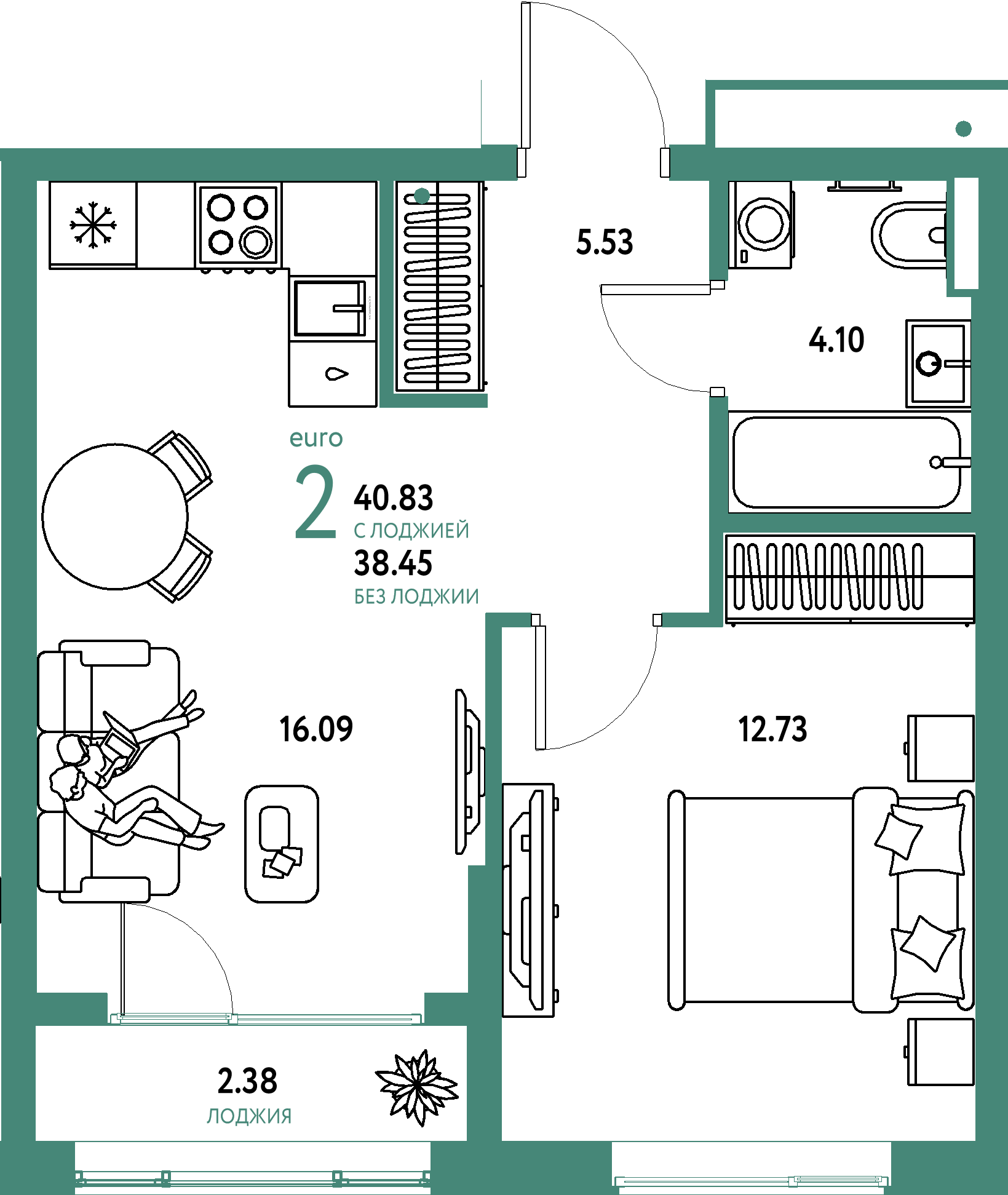 ЖК "Страна.Парковая"-2-комнатная 40.83 м²