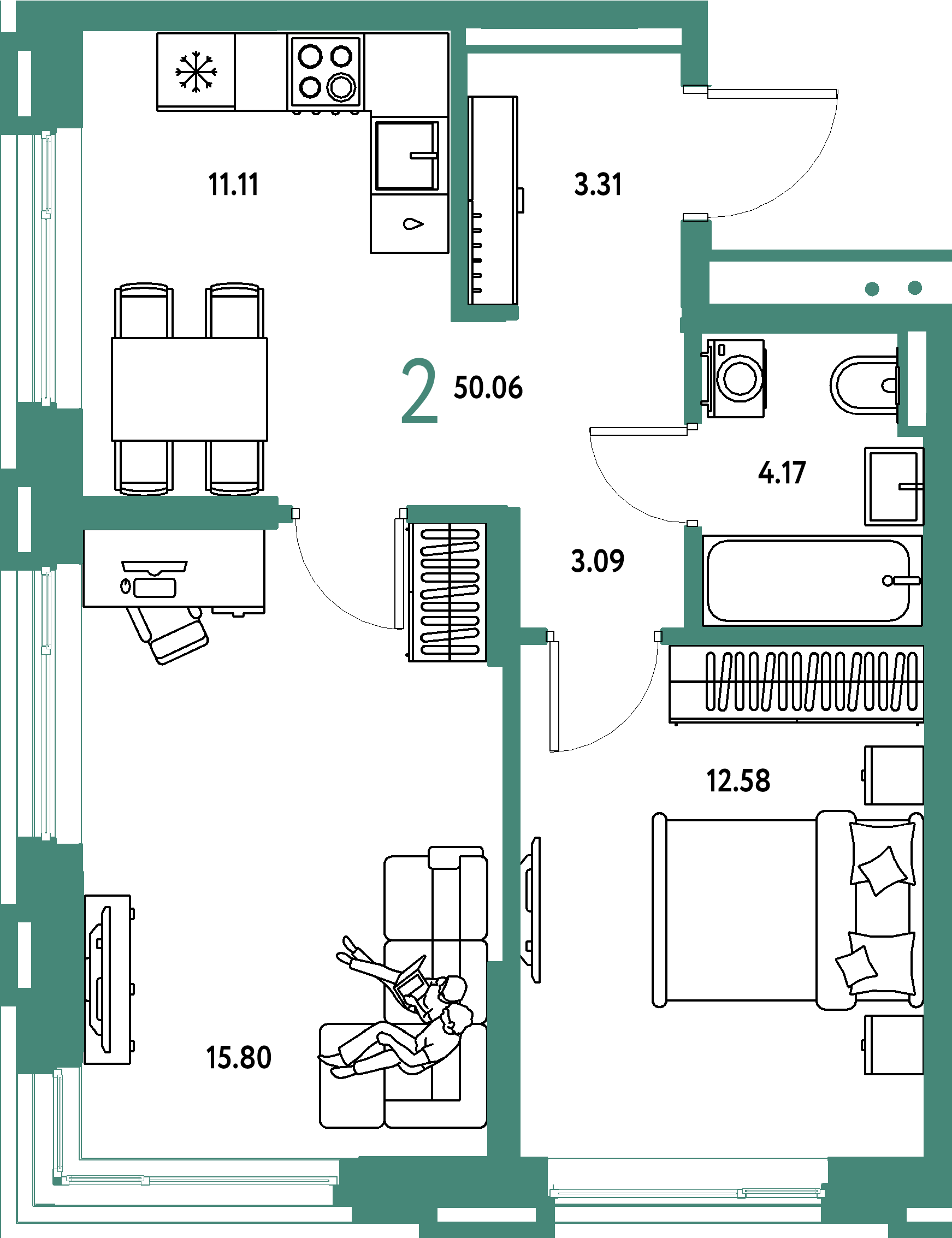 ЖК "Страна.Прибрежная"-2-комнатная 50.06 м²