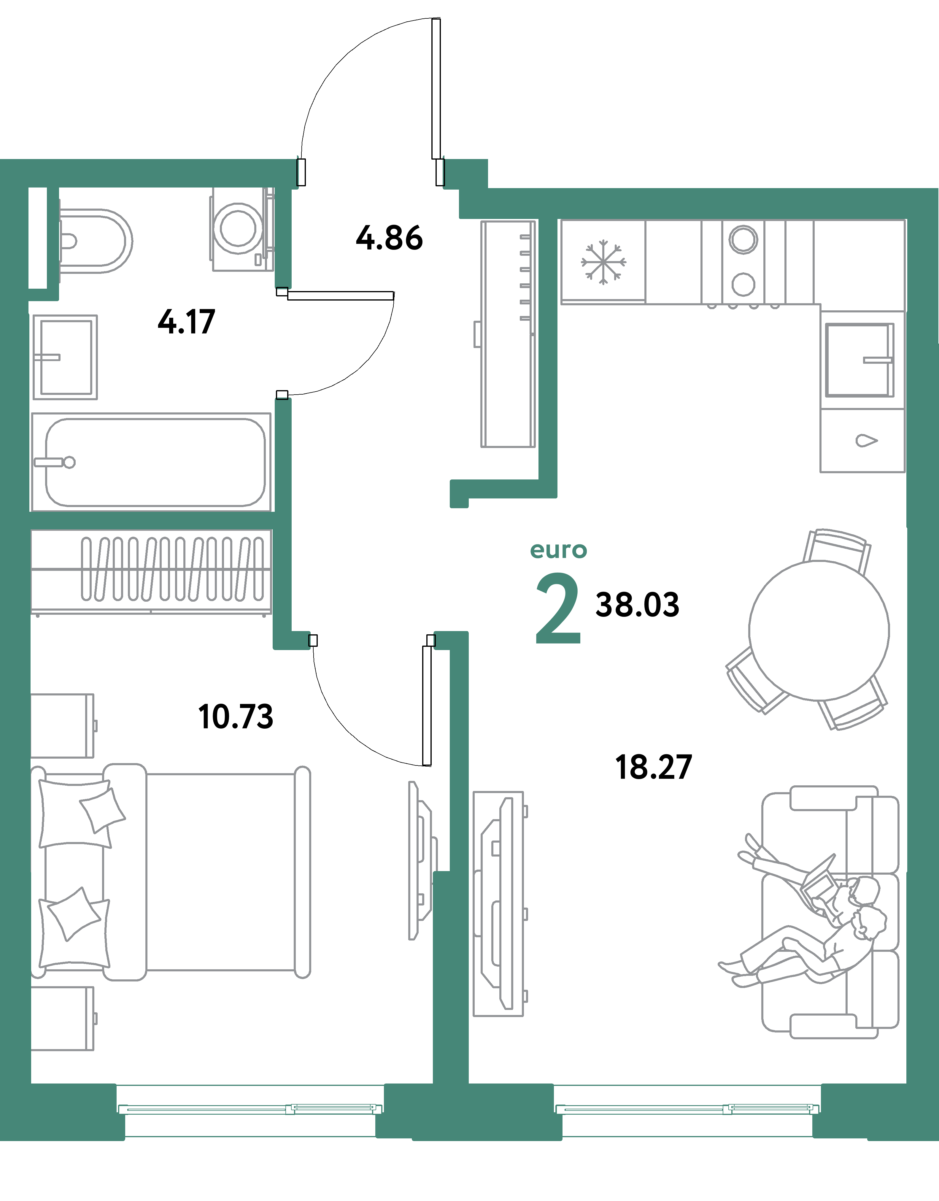 ЖК "Остров-сад"-2-комнатная 38.03 м²