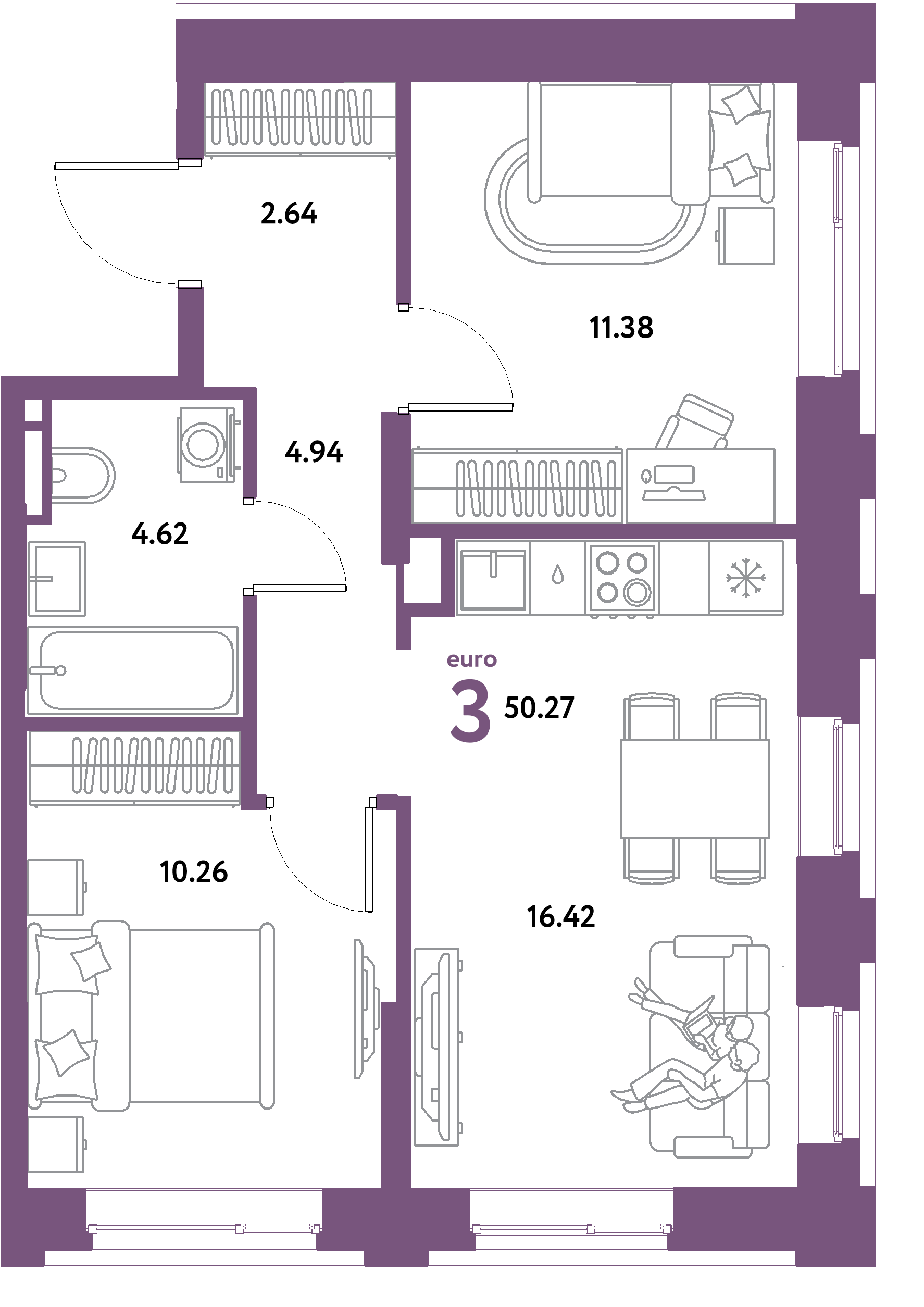 ЖК "Остров-сад"-3-комнатная 50.27 м²