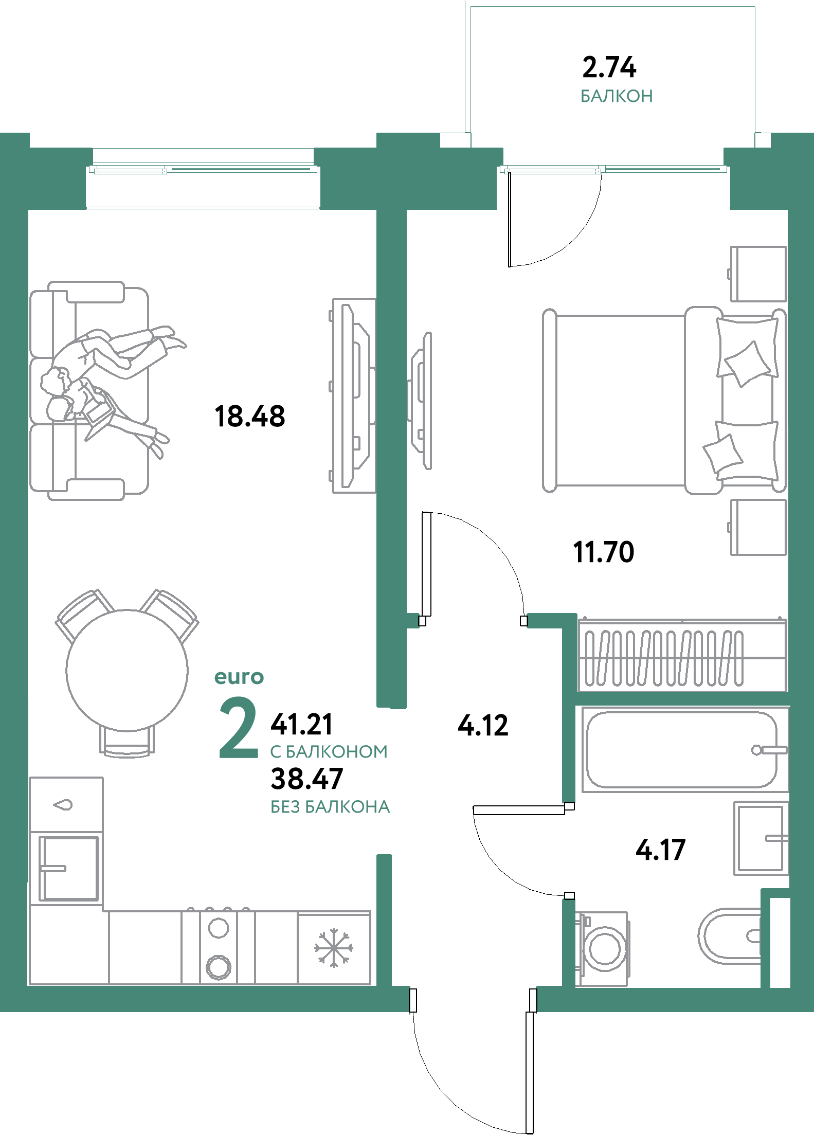 ЖК "Остров-сад"-2-комнатная 41.21 м²