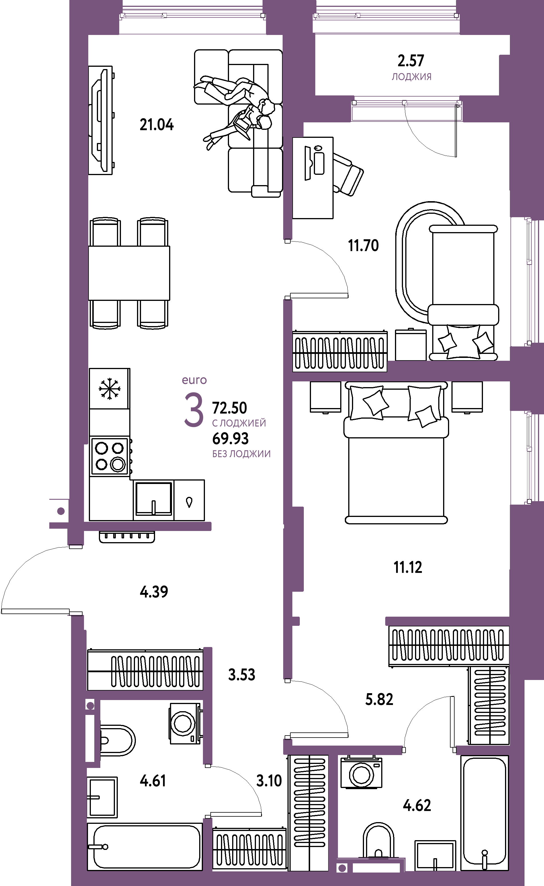 ЖК "Страна.Прибрежная"-3-комнатная 72.5 м²