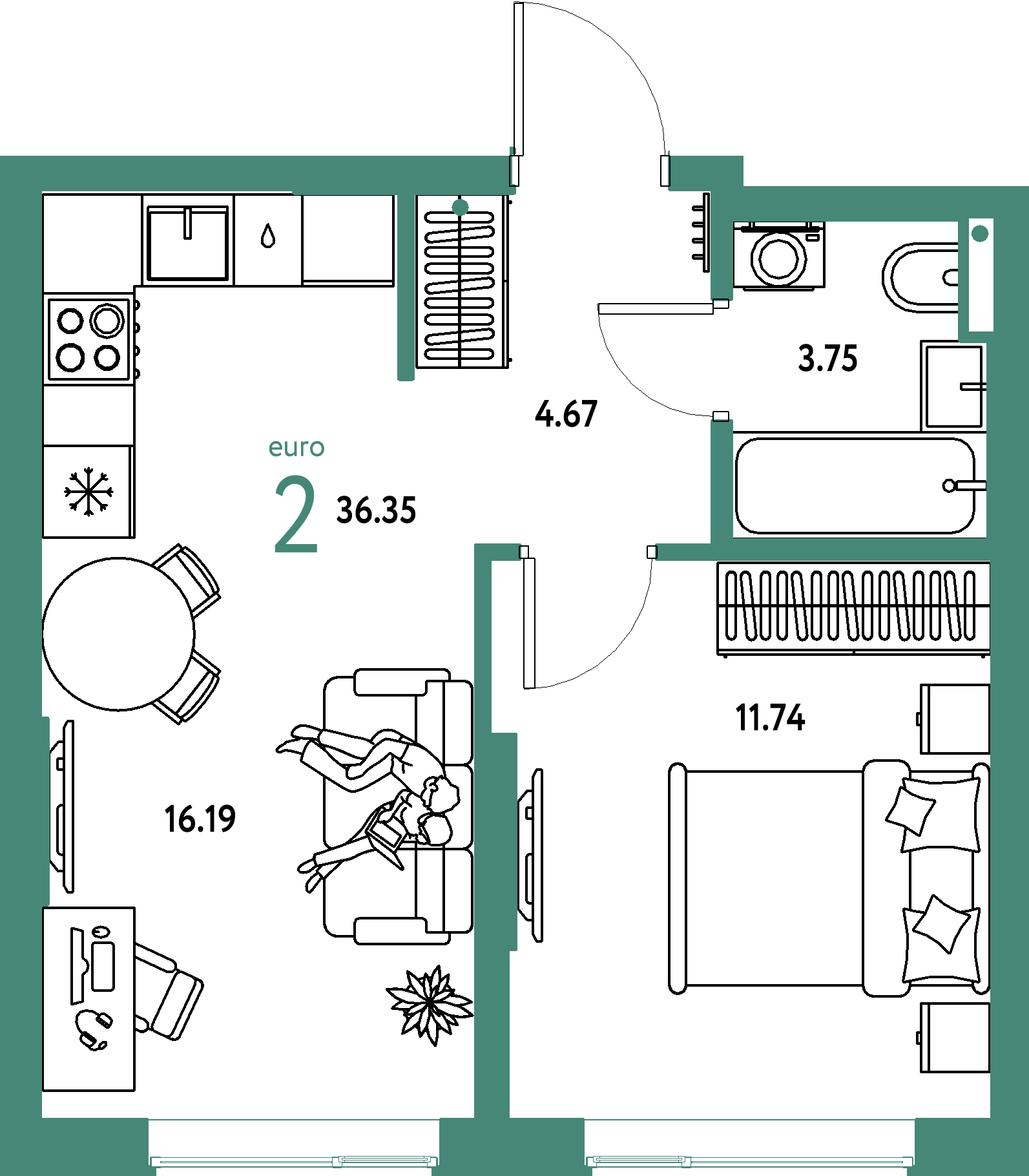 ЖК "Страна.Парковая"-2-комнатная 36.35 м²