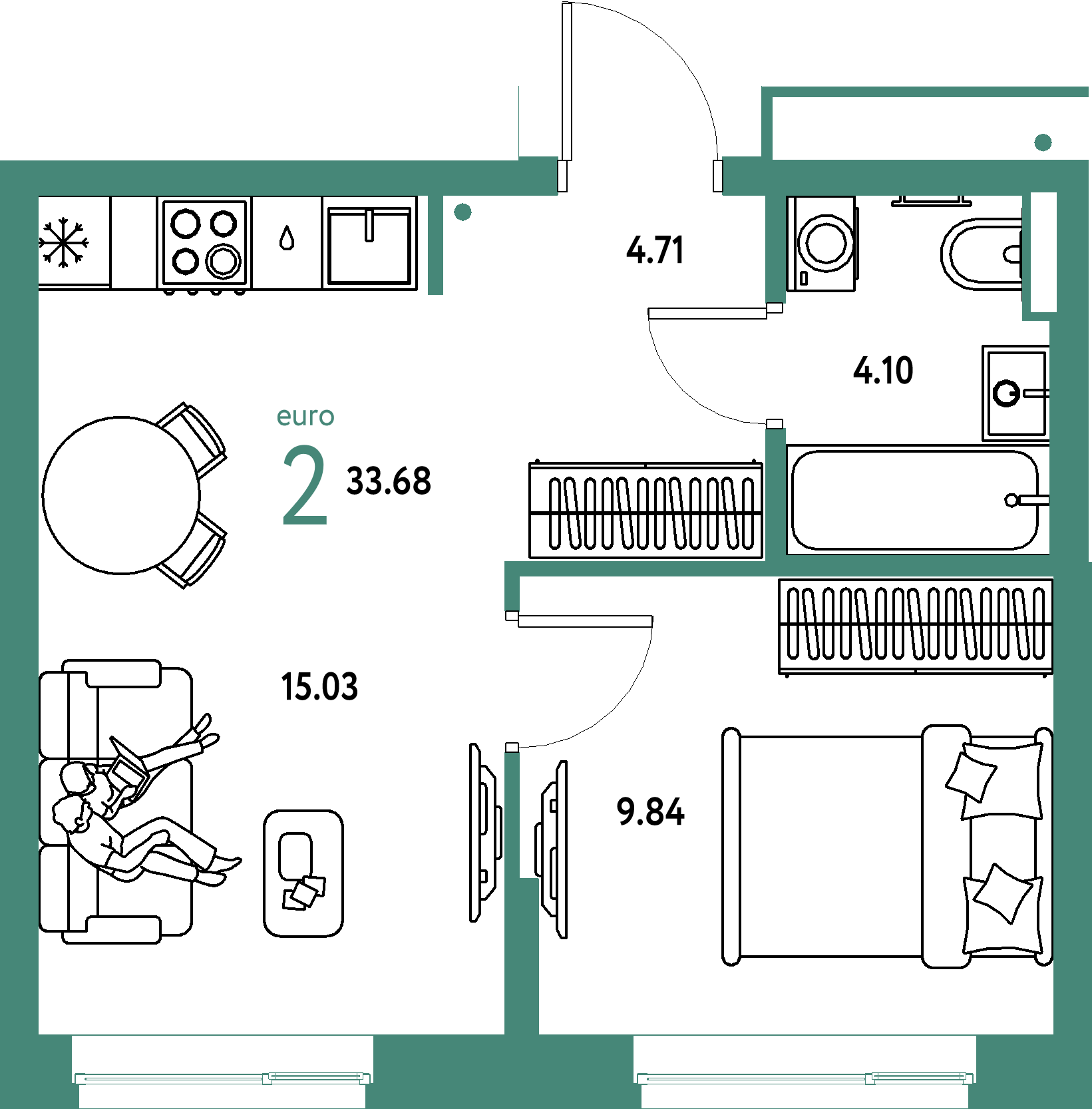 ЖК "Страна.Парковая"-2-комнатная 33.68 м²