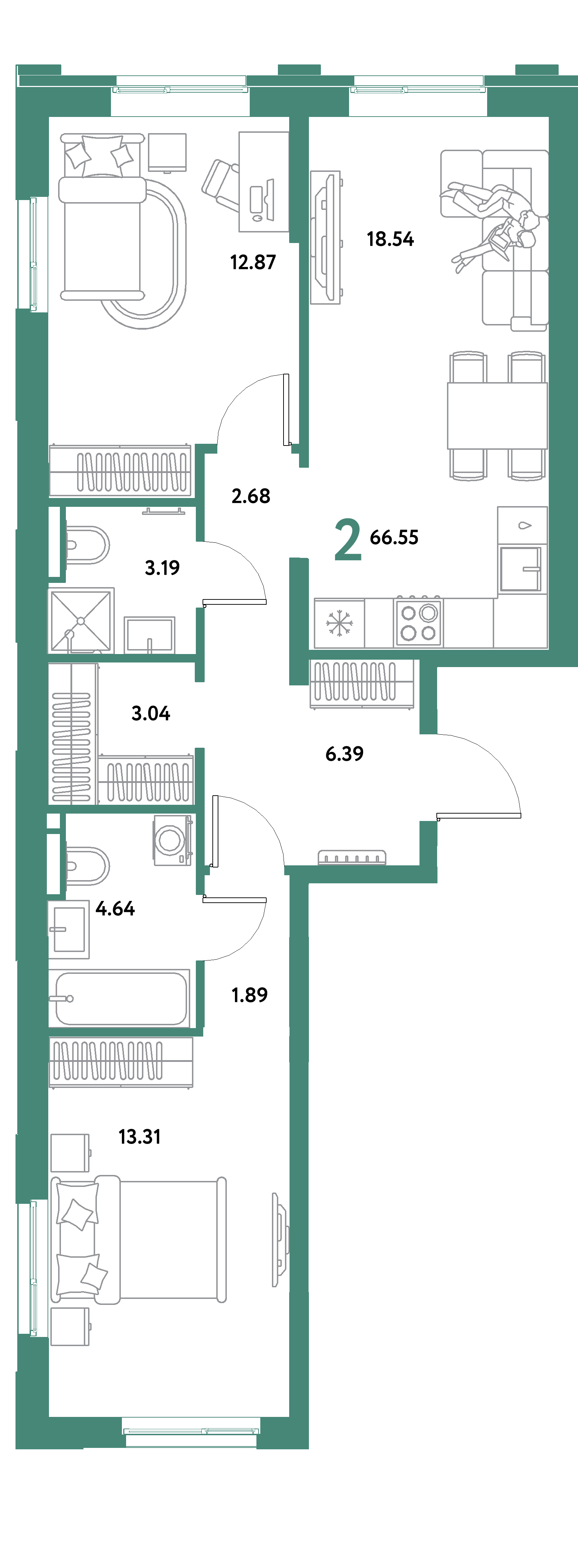 ЖК "Остров-сад"-2-комнатная 66.55 м²