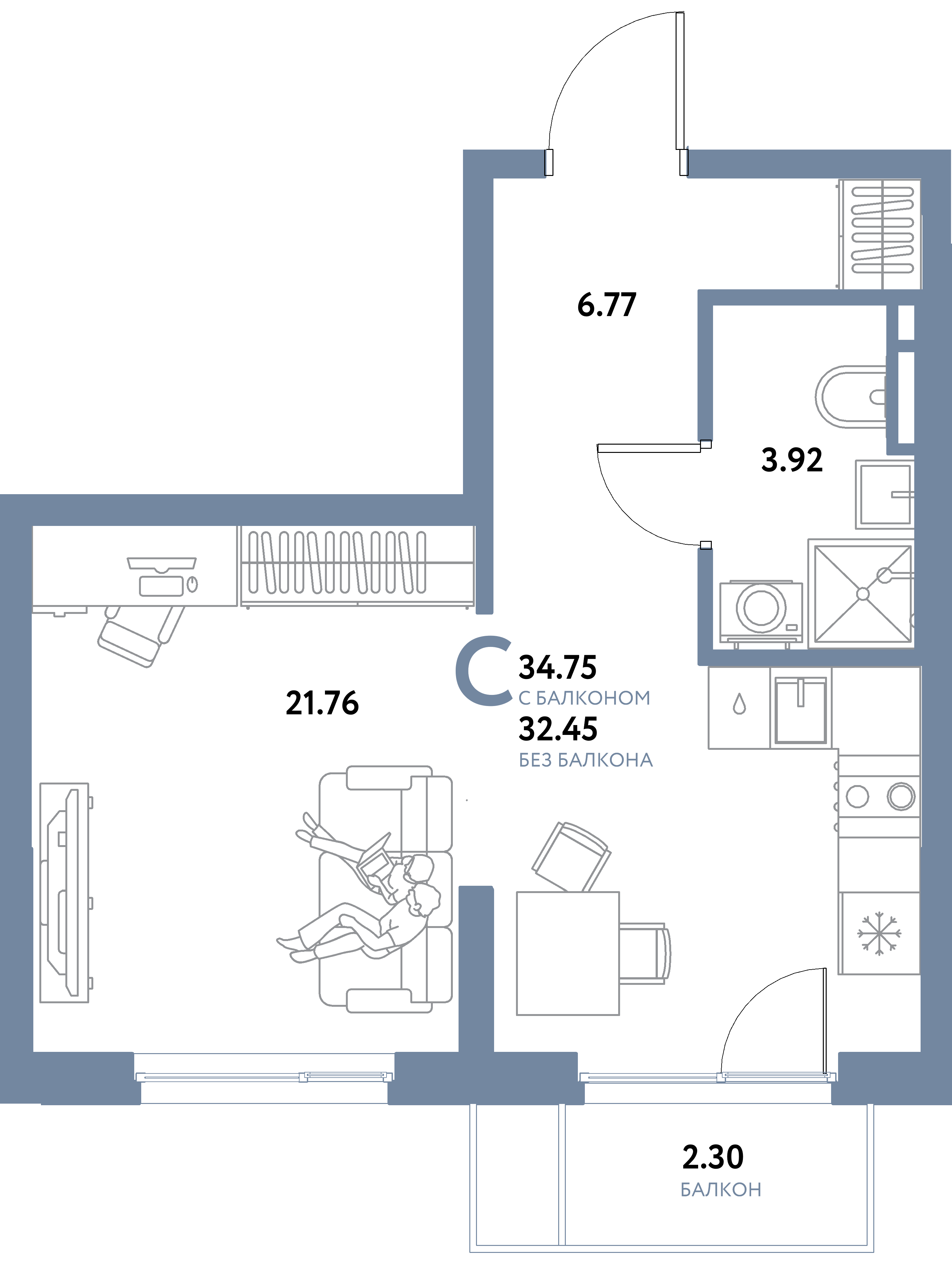 ЖК "Остров-сад"-Студия 34.75 м²