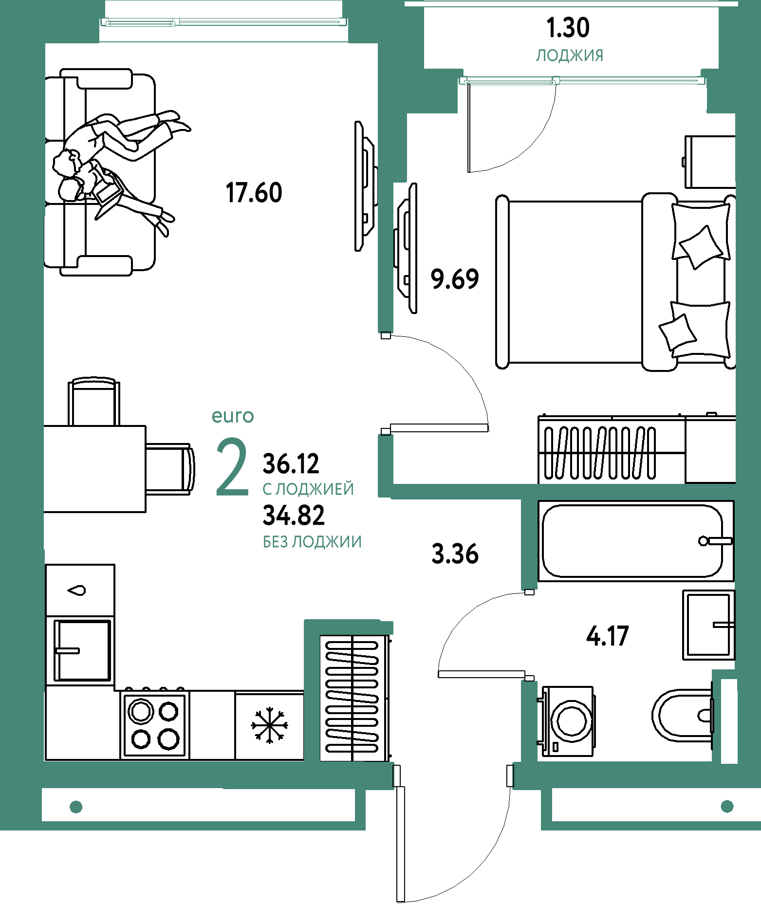 ЖК "Страна.Прибрежная"-2-комнатная 36.12 м²