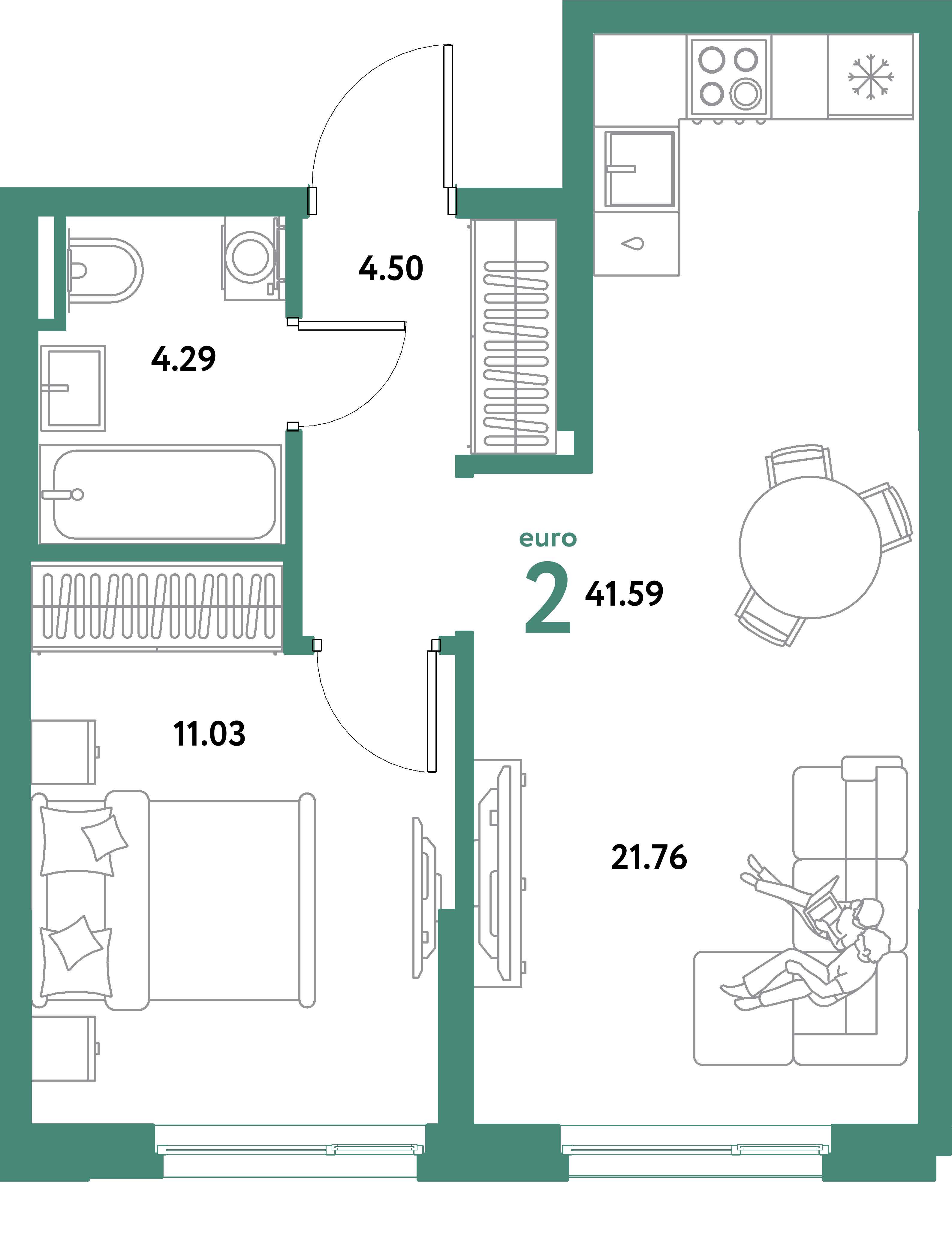 ЖК "Остров-сад"-2-комнатная 41.59 м²