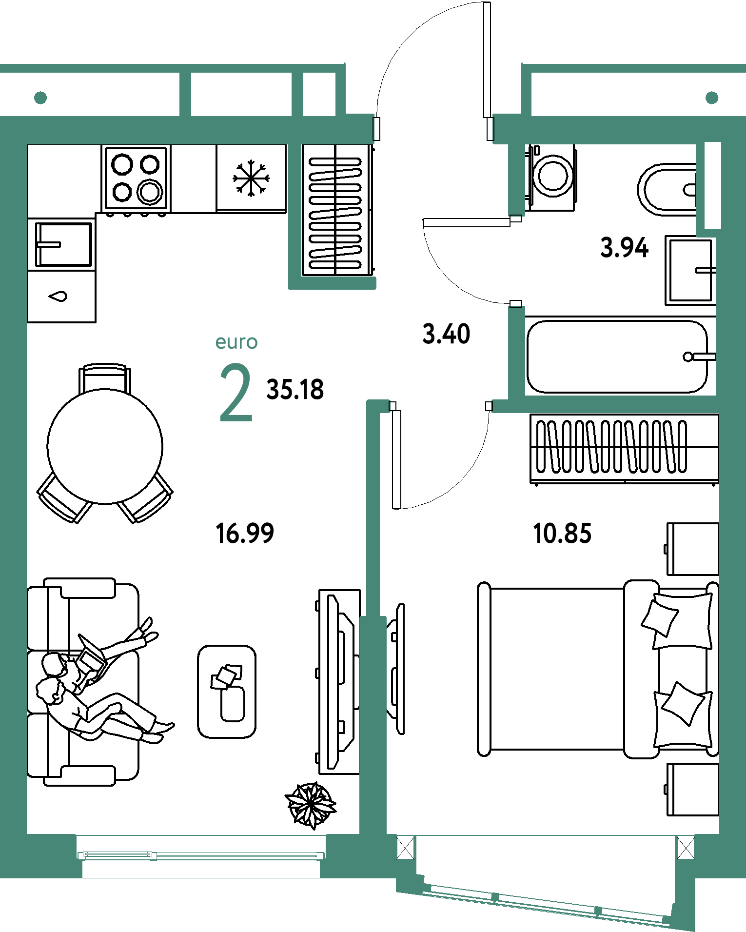 ЖК "Страна.Парковая"-2-комнатная 35.18 м²