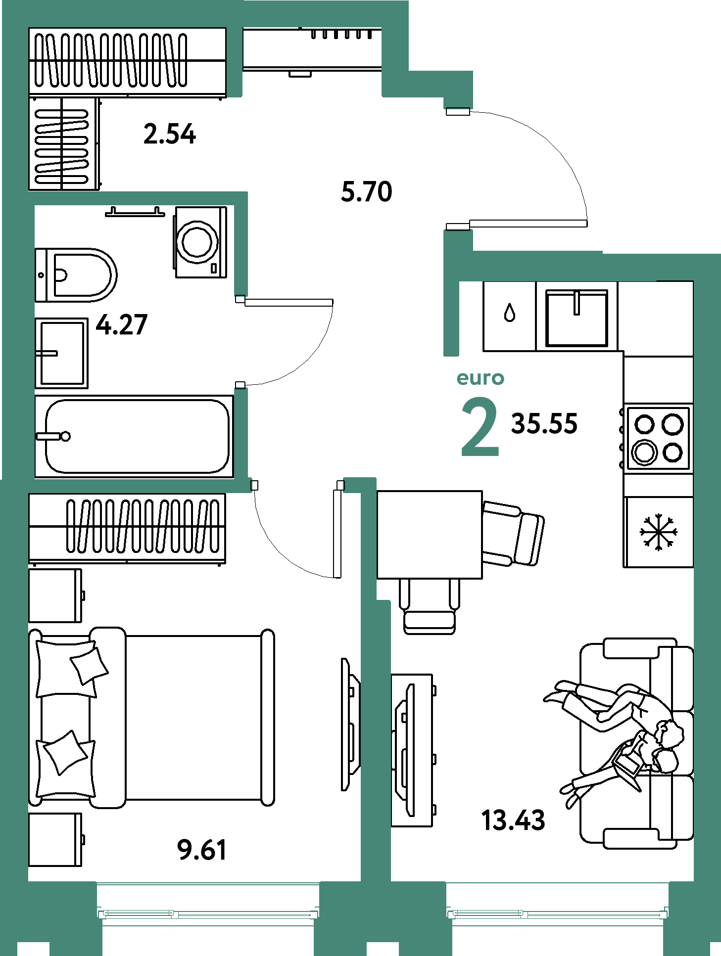 Планировка: Евродвушка 35.5 м² в ЖК Европейский берег 2.0, Европейский