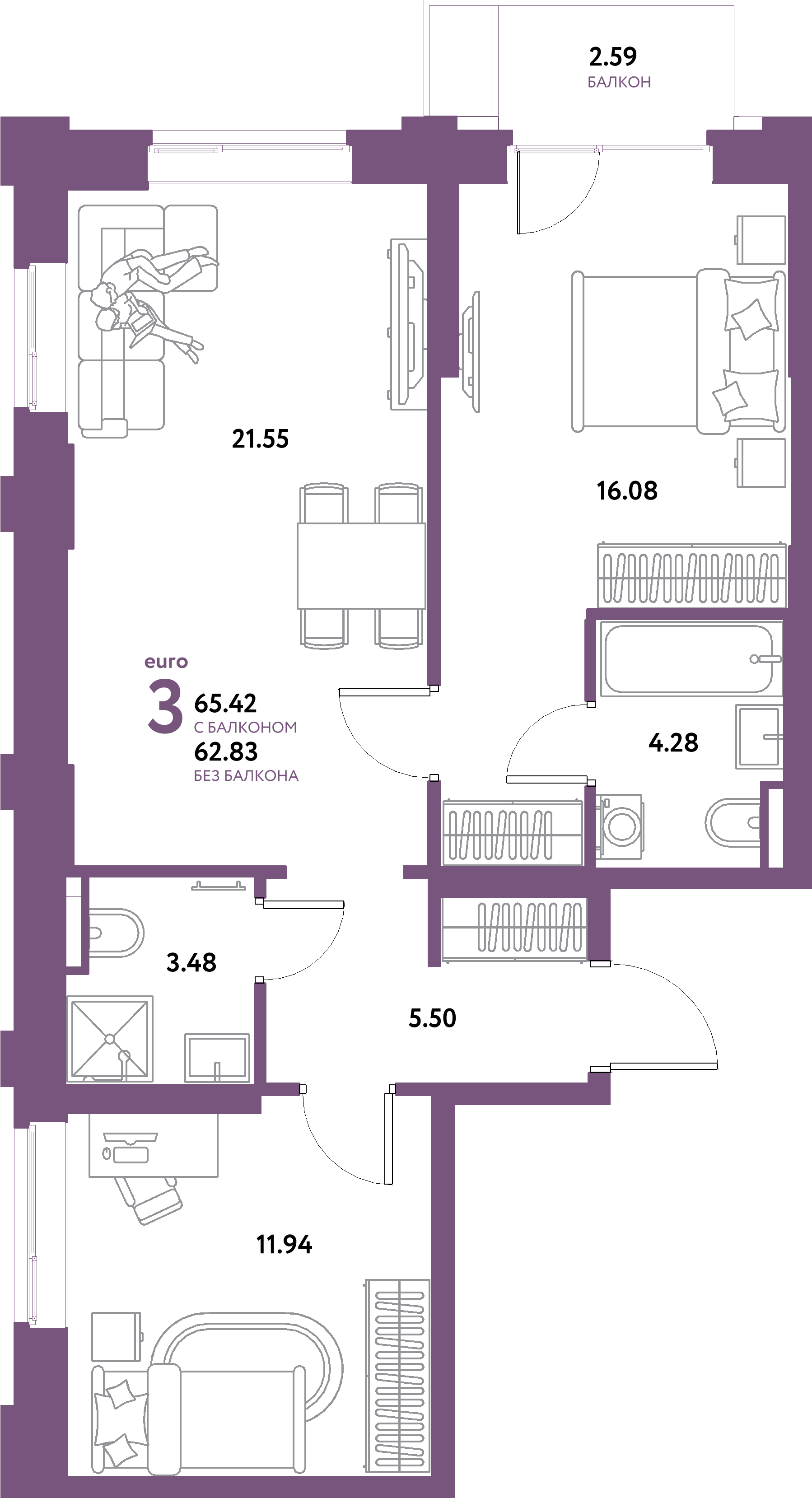 ЖК "Остров-сад"-3-комнатная 65.42 м²