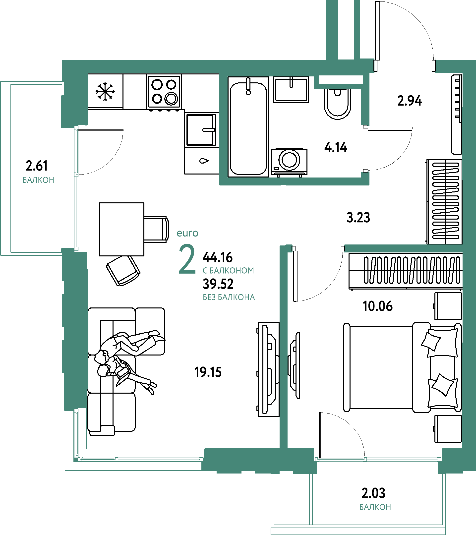 ЖК "Страна.Прибрежная"-2-комнатная 44.16 м²