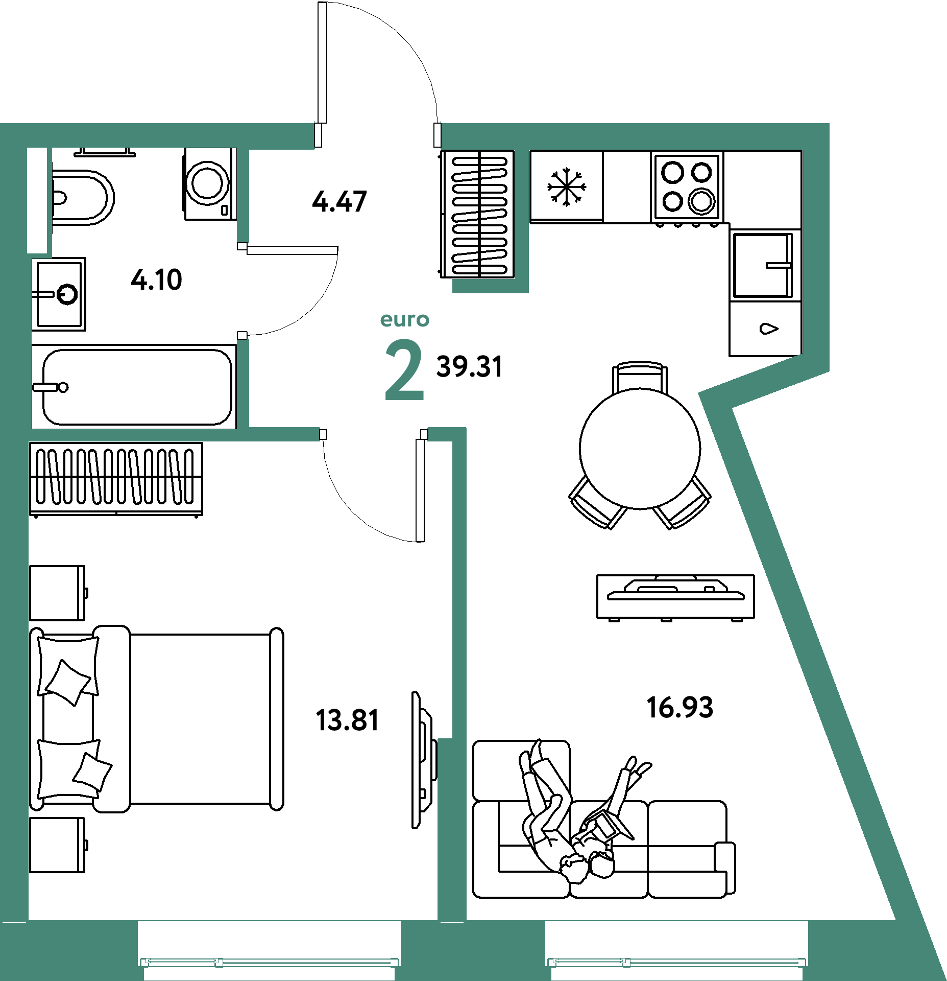 Планировка: Евродвушка 39.3 м² в ЖК Авторский, Дом Обороны