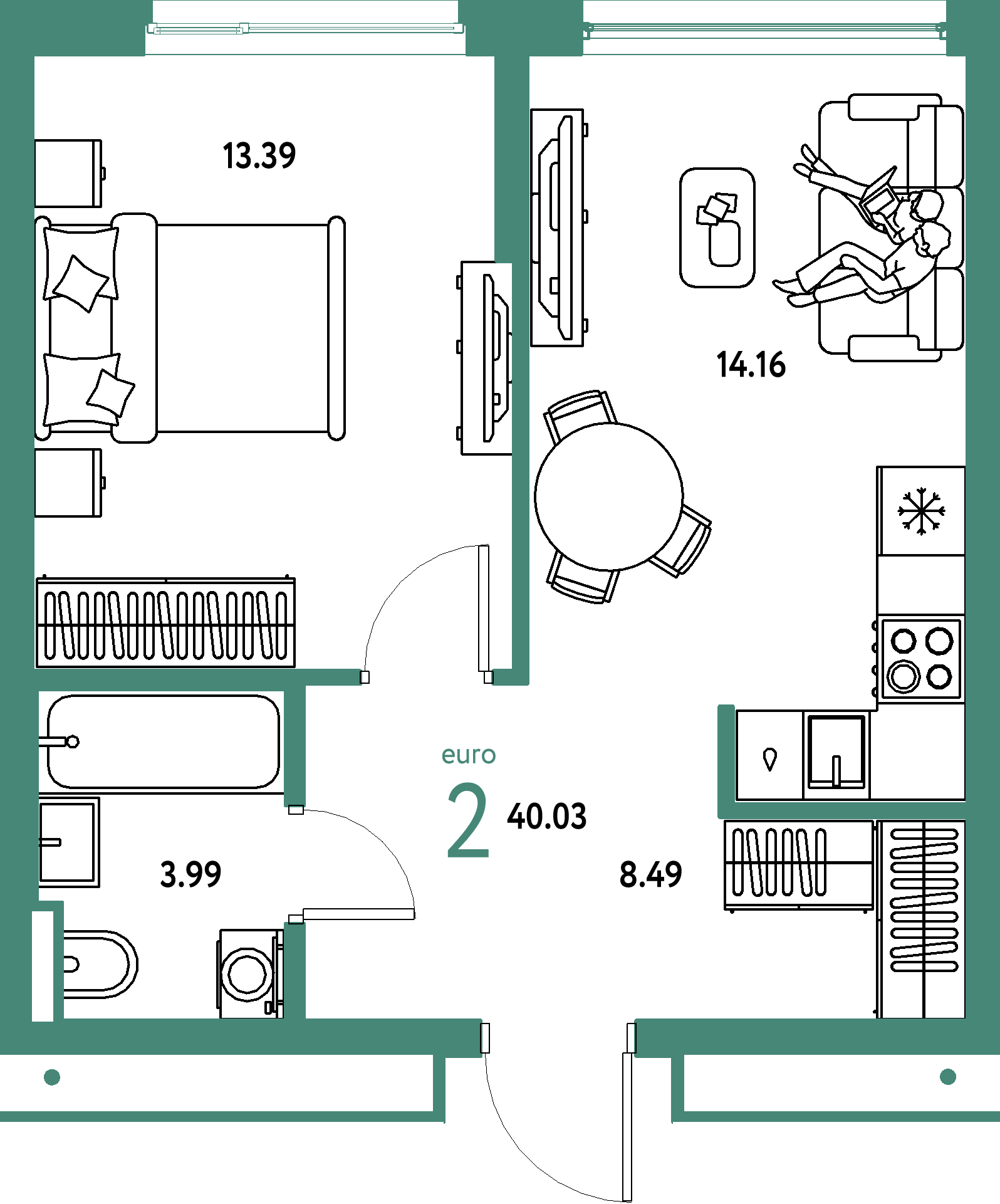 ЖК "Страна.Парковая"-2-комнатная 40.03 м²