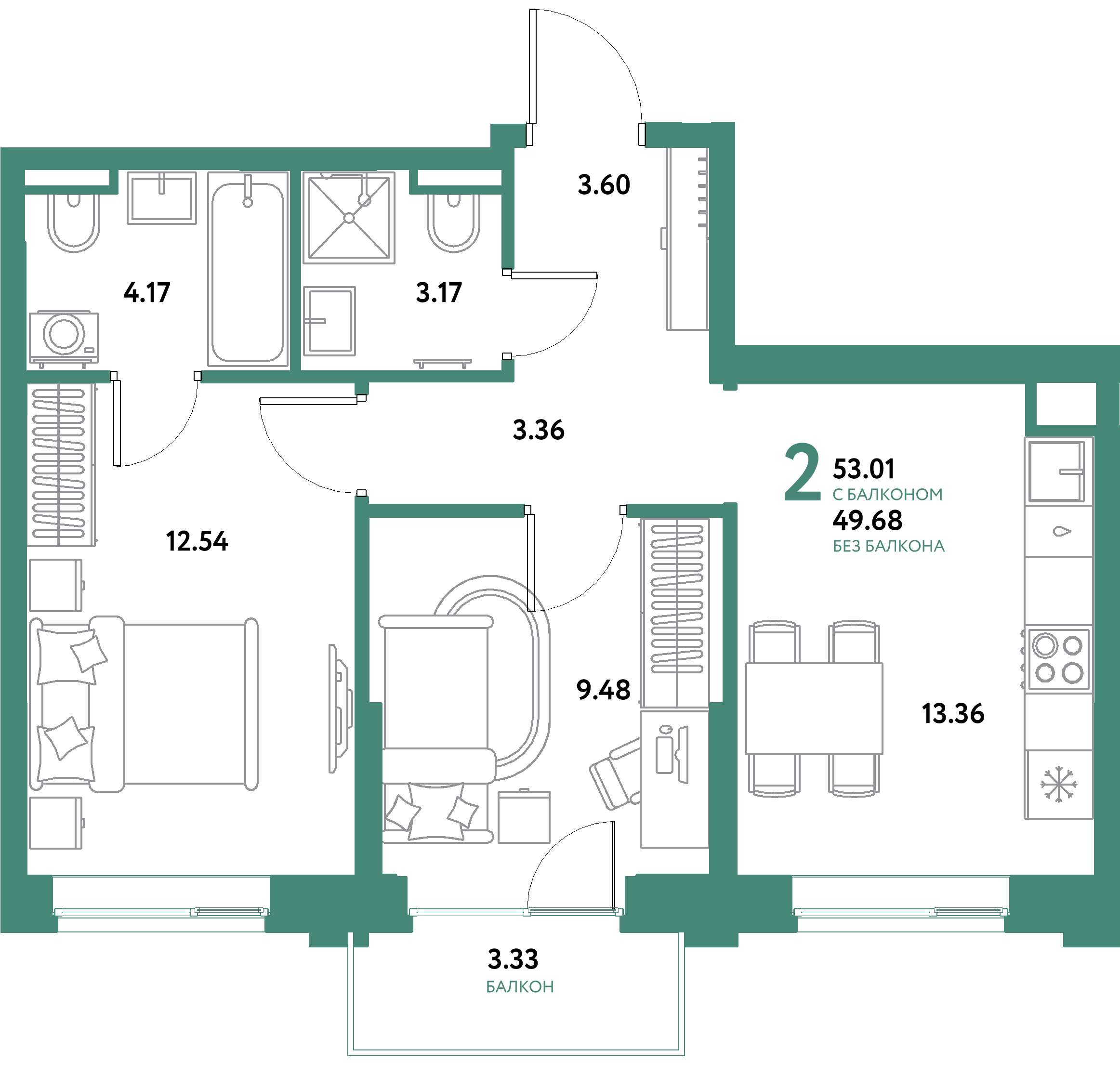 ЖК "Остров-сад"-2-комнатная 53.01 м²
