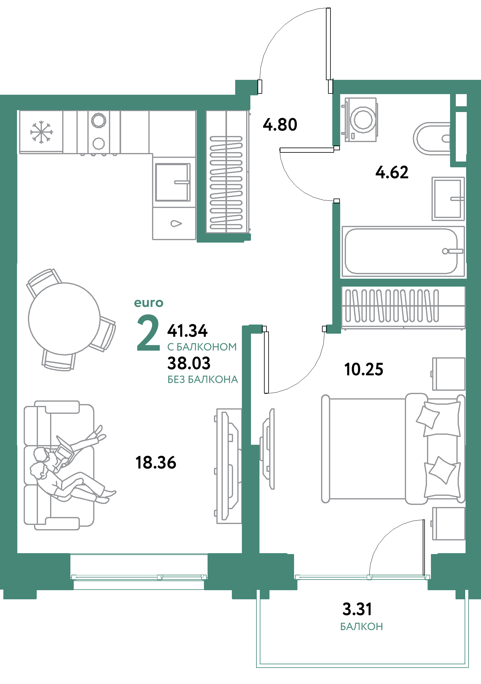 ЖК "Остров-сад"-2-комнатная 41.34 м²