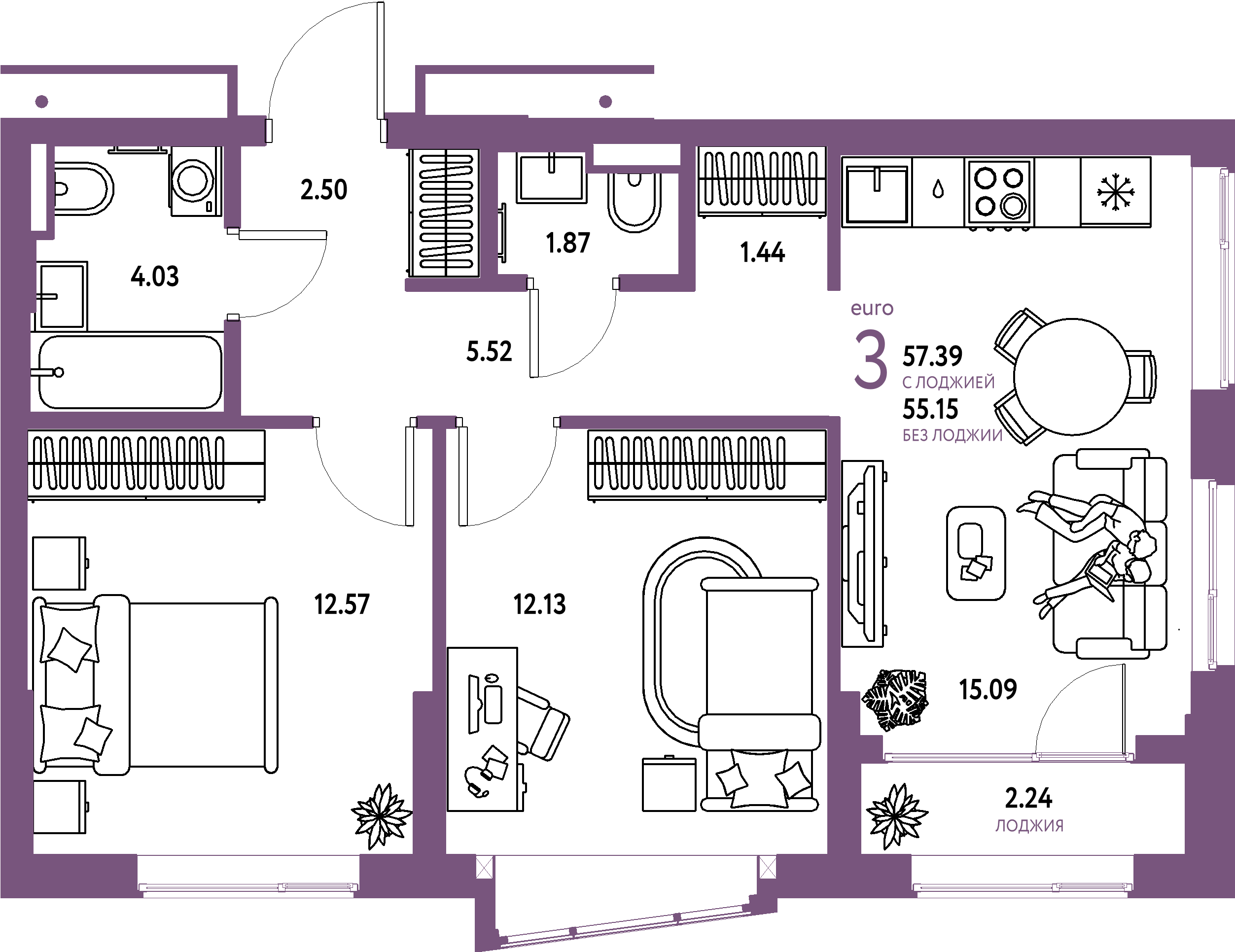 ЖК "Страна.Парковая"-3-комнатная 57.39 м²