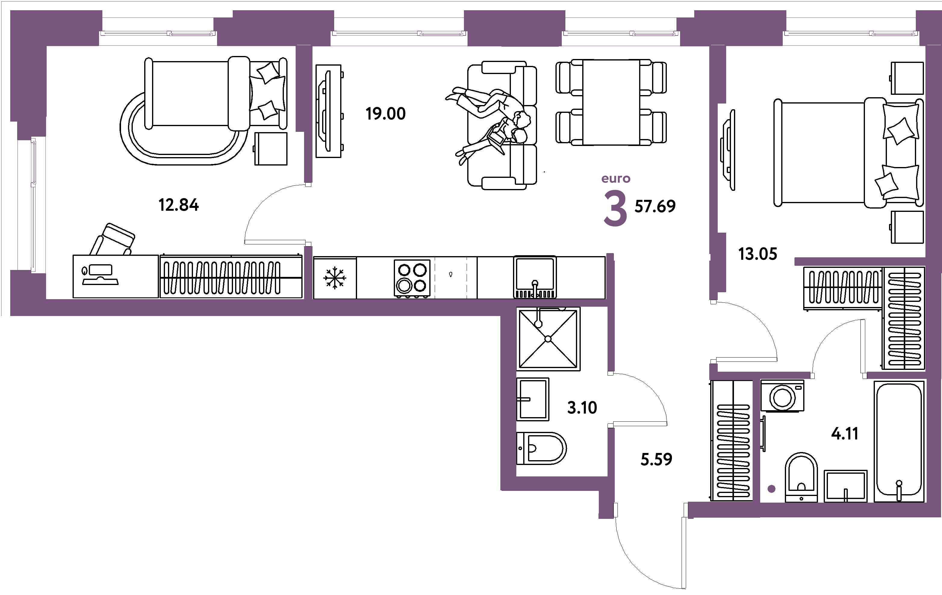 Планировка: Евротрешка 57.7 м² в ЖК Европейский берег 2.0, Европейский