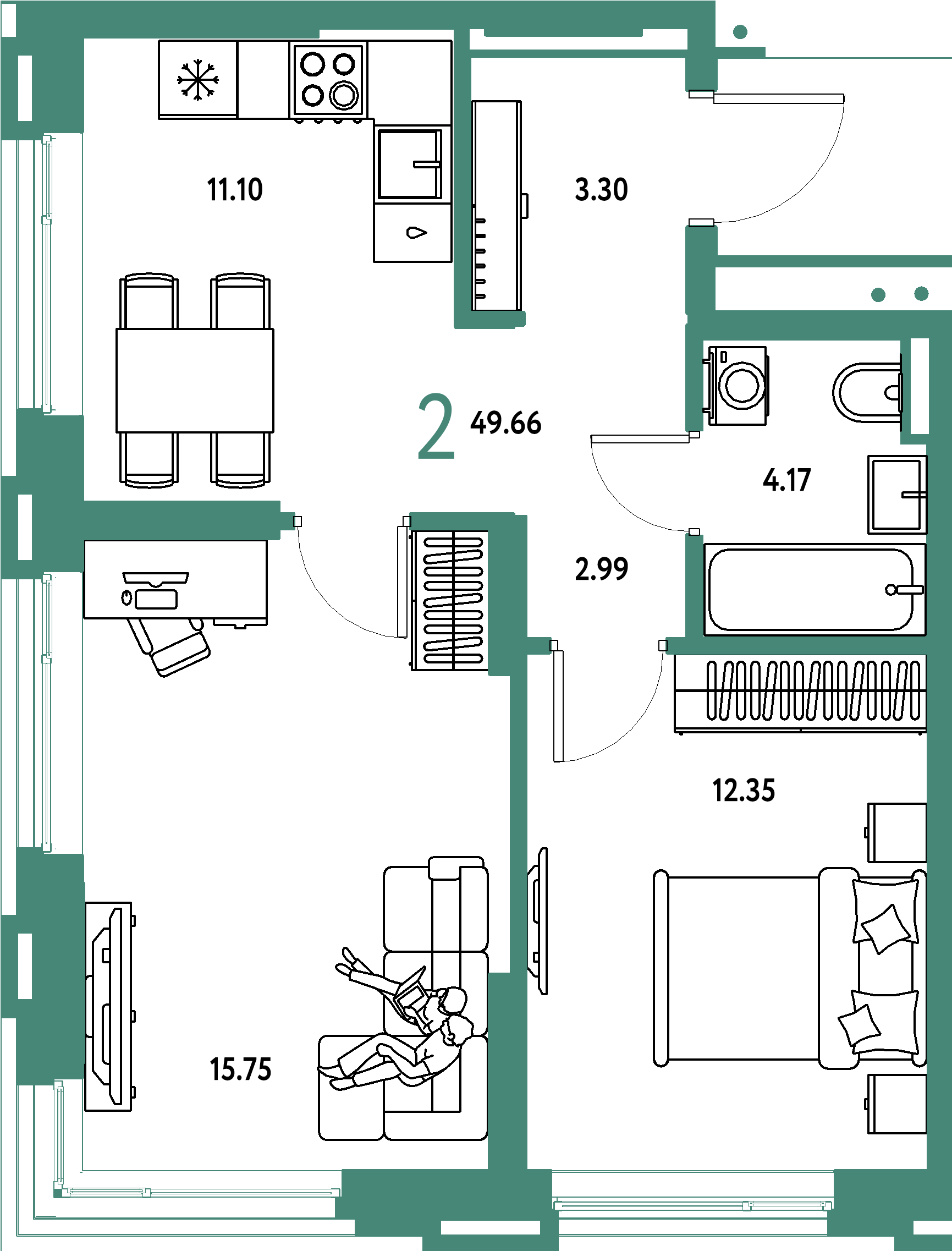 ЖК "Страна.Прибрежная"-2-комнатная 49.66 м²