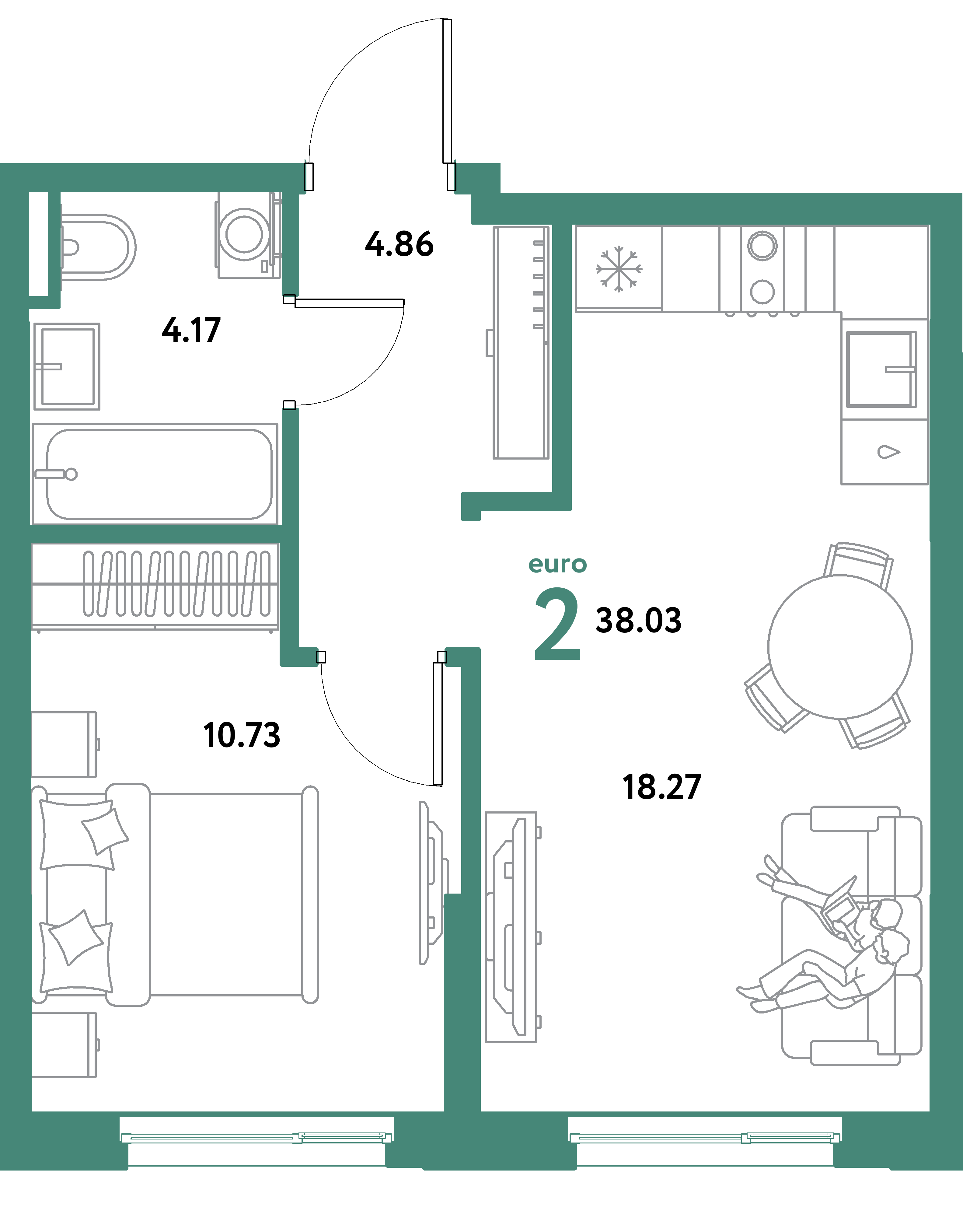 ЖК "Остров-сад"-2-комнатная 38.03 м²