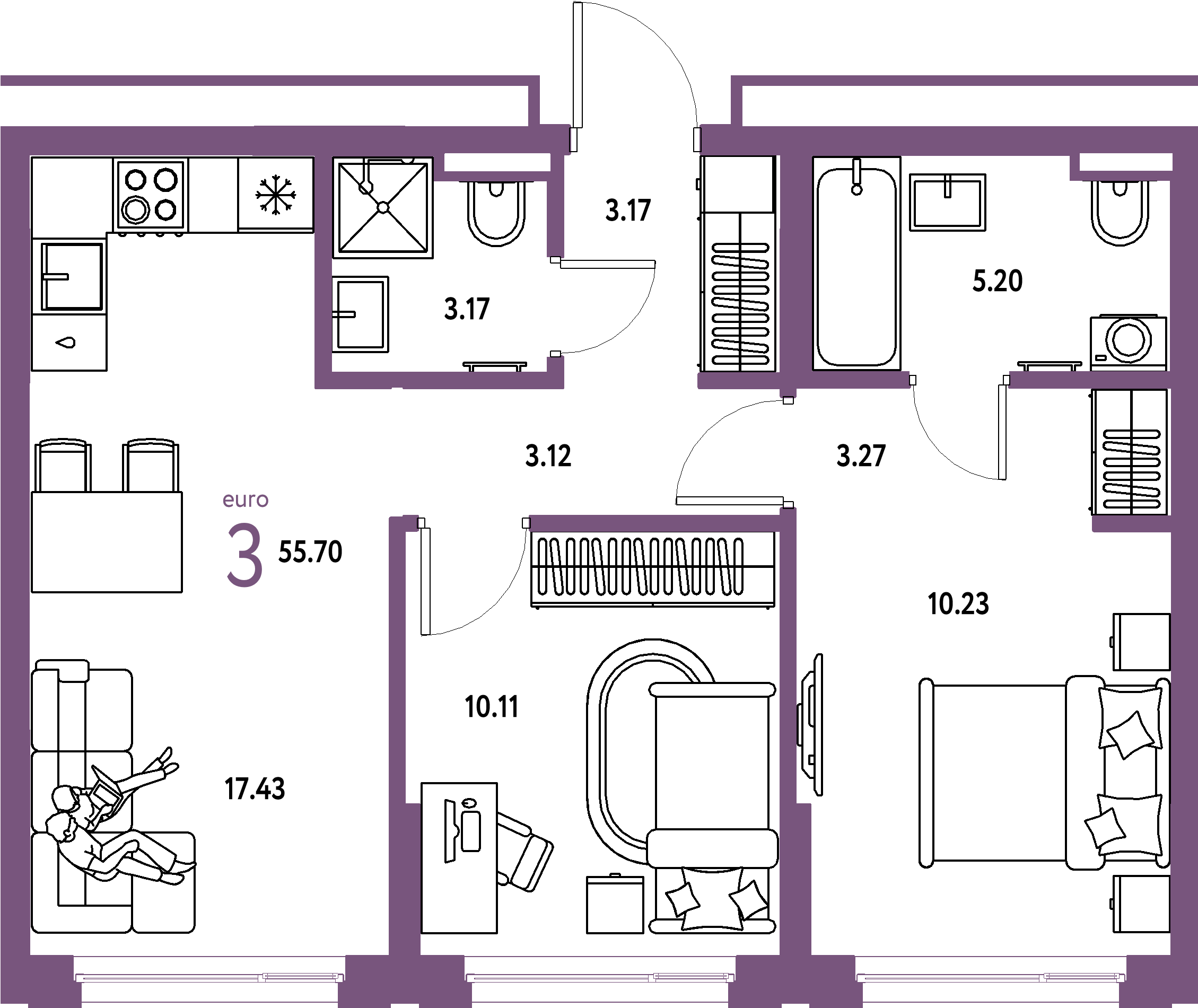 ЖК "Страна.Прибрежная"-3-комнатная 55.7 м²
