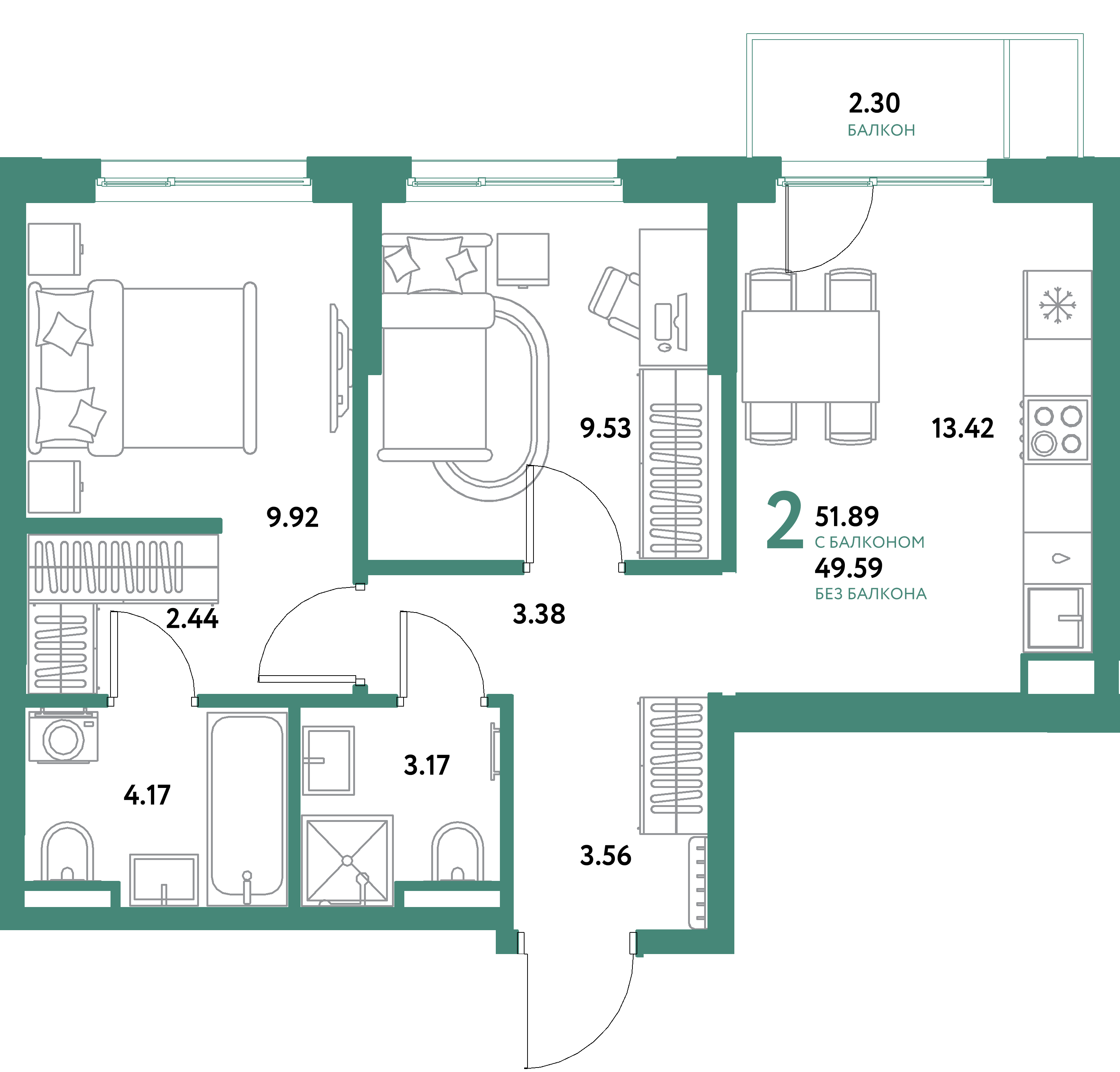 ЖК "Остров-сад"-2-комнатная 51.89 м²