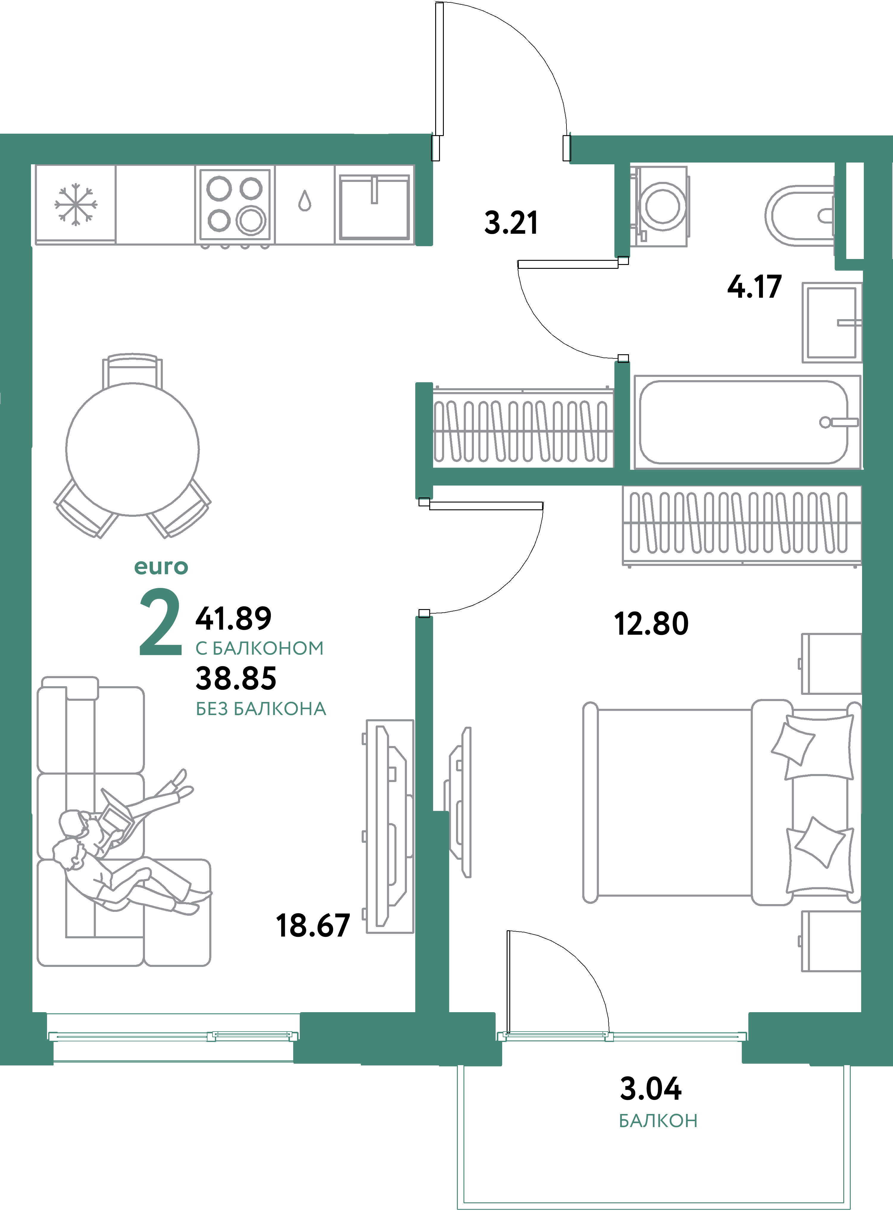 ЖК "Остров-сад"-2-комнатная 41.89 м²