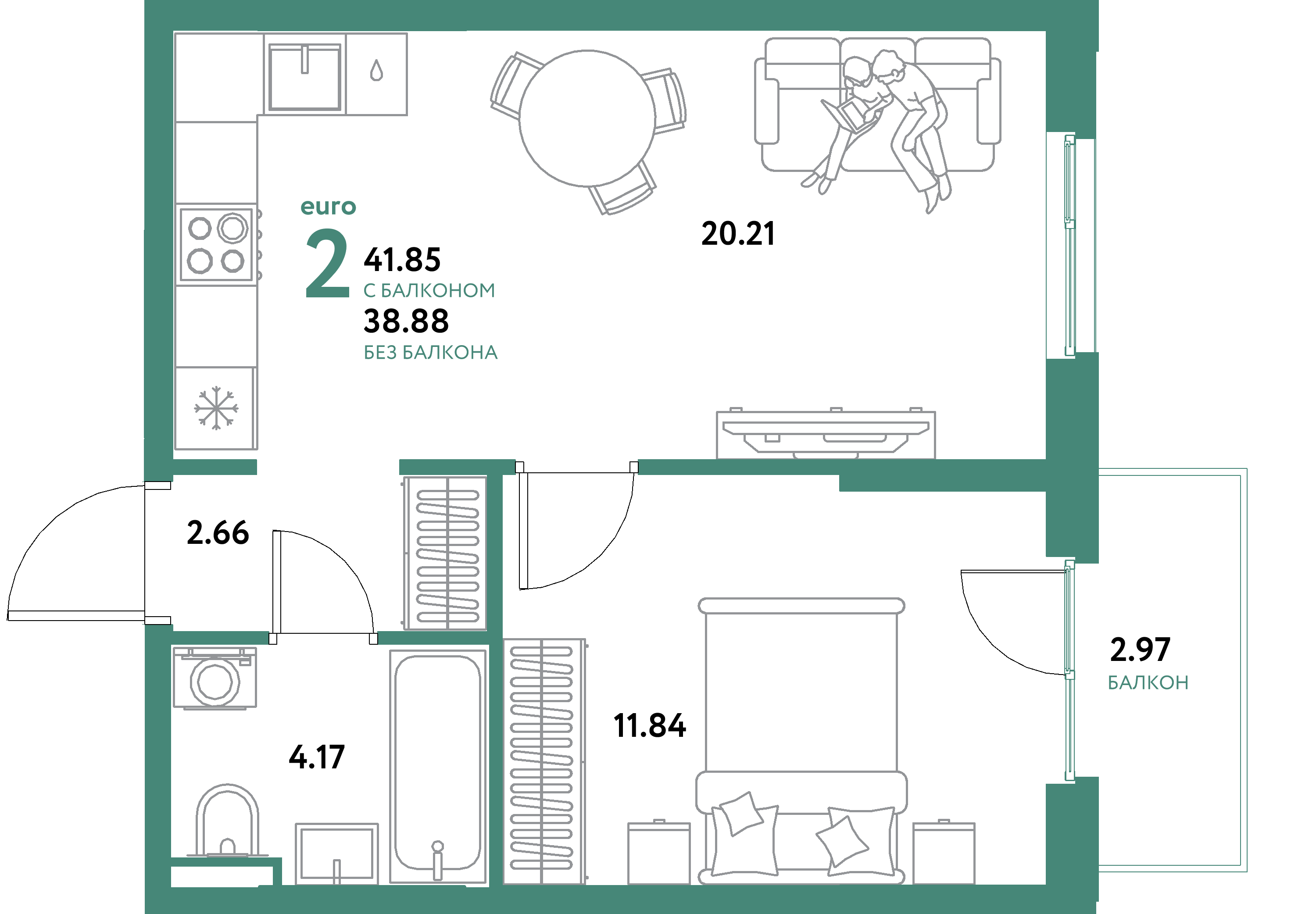 ЖК "Остров-сад"-2-комнатная 41.85 м²