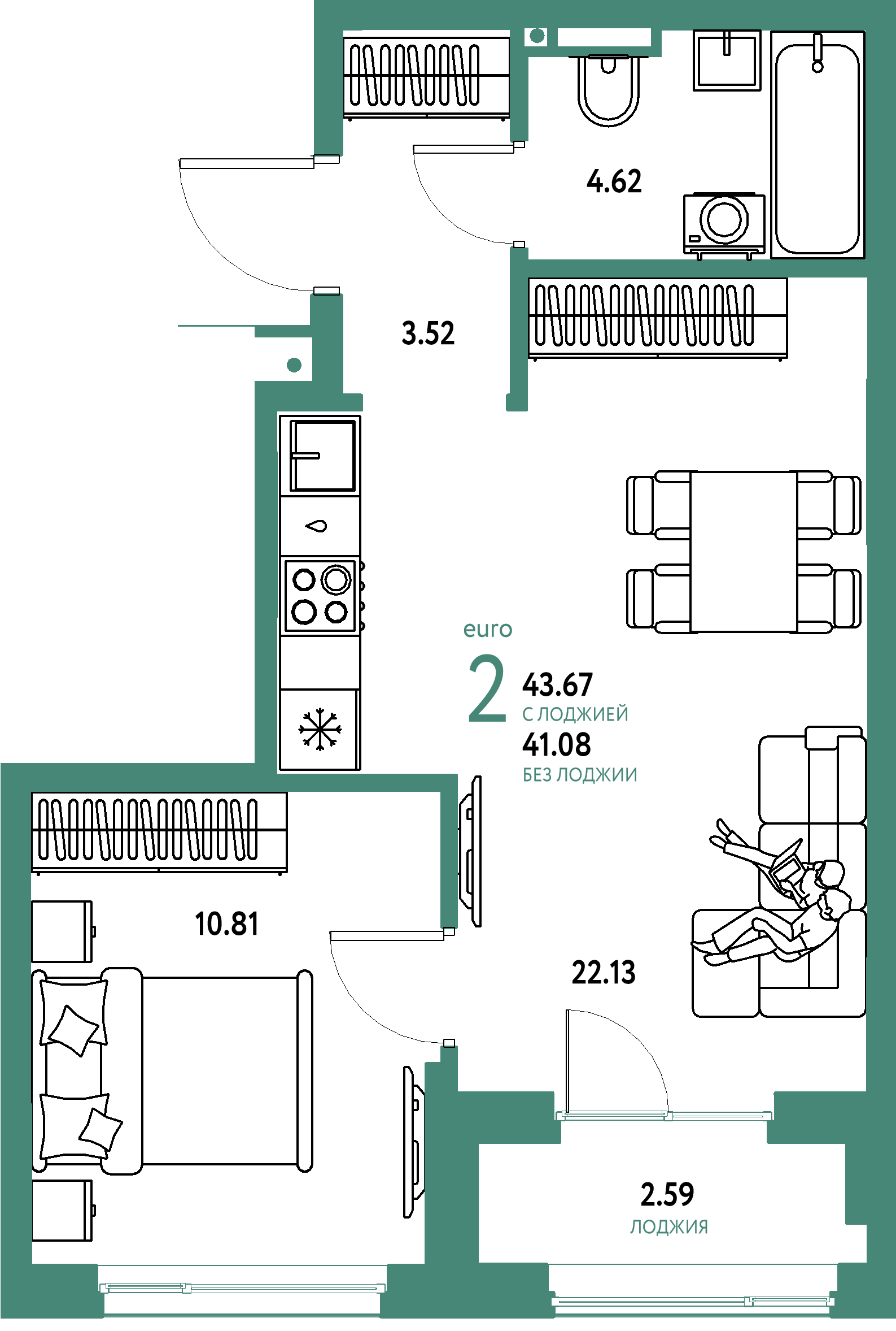 ЖК "Страна.Прибрежная"-2-комнатная 43.67 м²