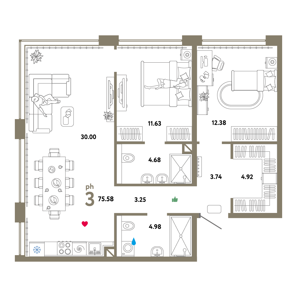 ЖК "ЖК WOW"-3-комнатная 75.58 м²
