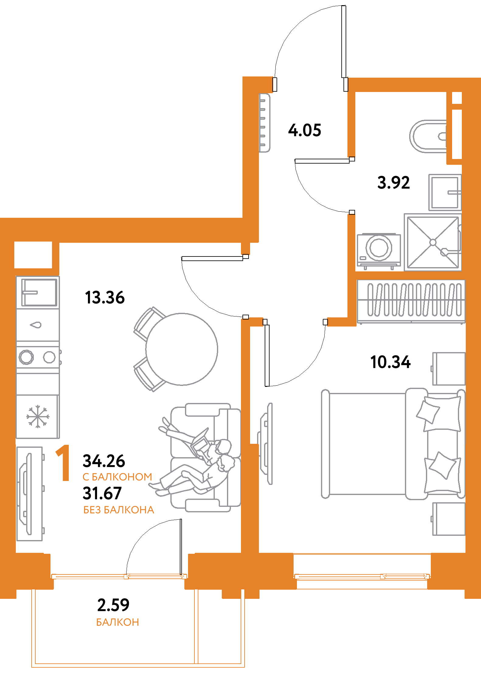 ЖК "Остров-сад"-1-комнатная 34.26 м²